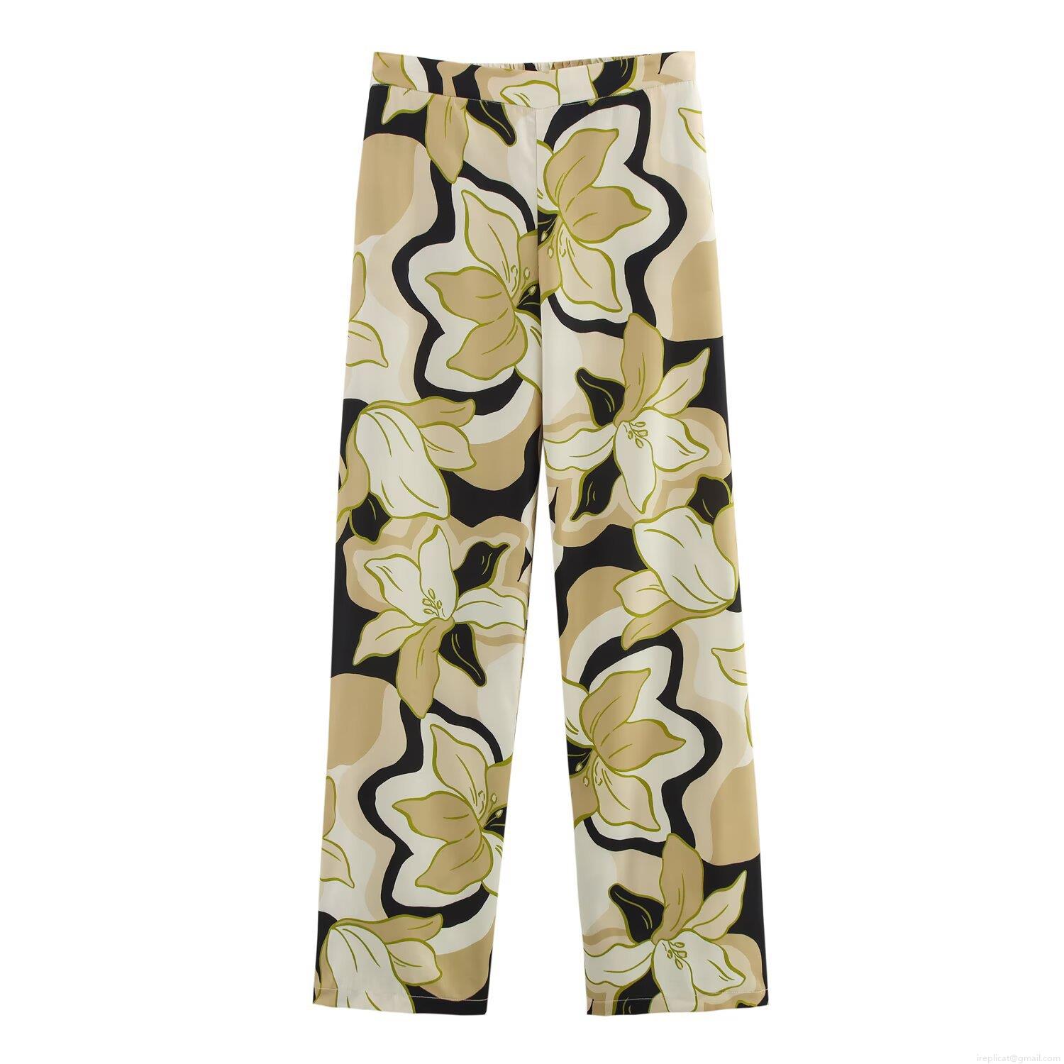 Women\'s Polyester Floral Print Shirt and Pants Two Piece Set Casual Long Sleeve Oversized Blouse and Wide Leg Trousers Spring Streetwear Outfits