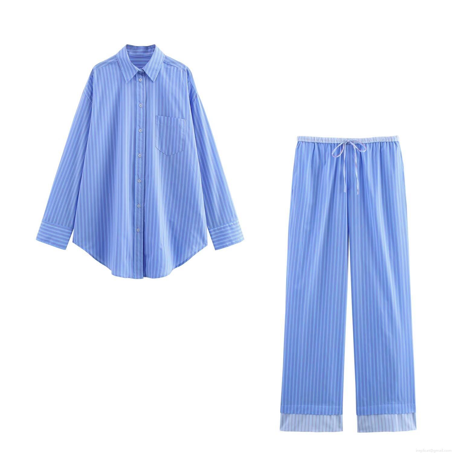 Women's Striped 2-Piece Set Polyester Long Sleeve Button Down Shirt And Wide Leg Pants Loose Casual Streetwear Outfit For Women Women's Striped 2-Piece Set Polyester Long Sleeve Button Down Shirt And Wide Leg Pants Loose Casual Streetwear Outfit For Women