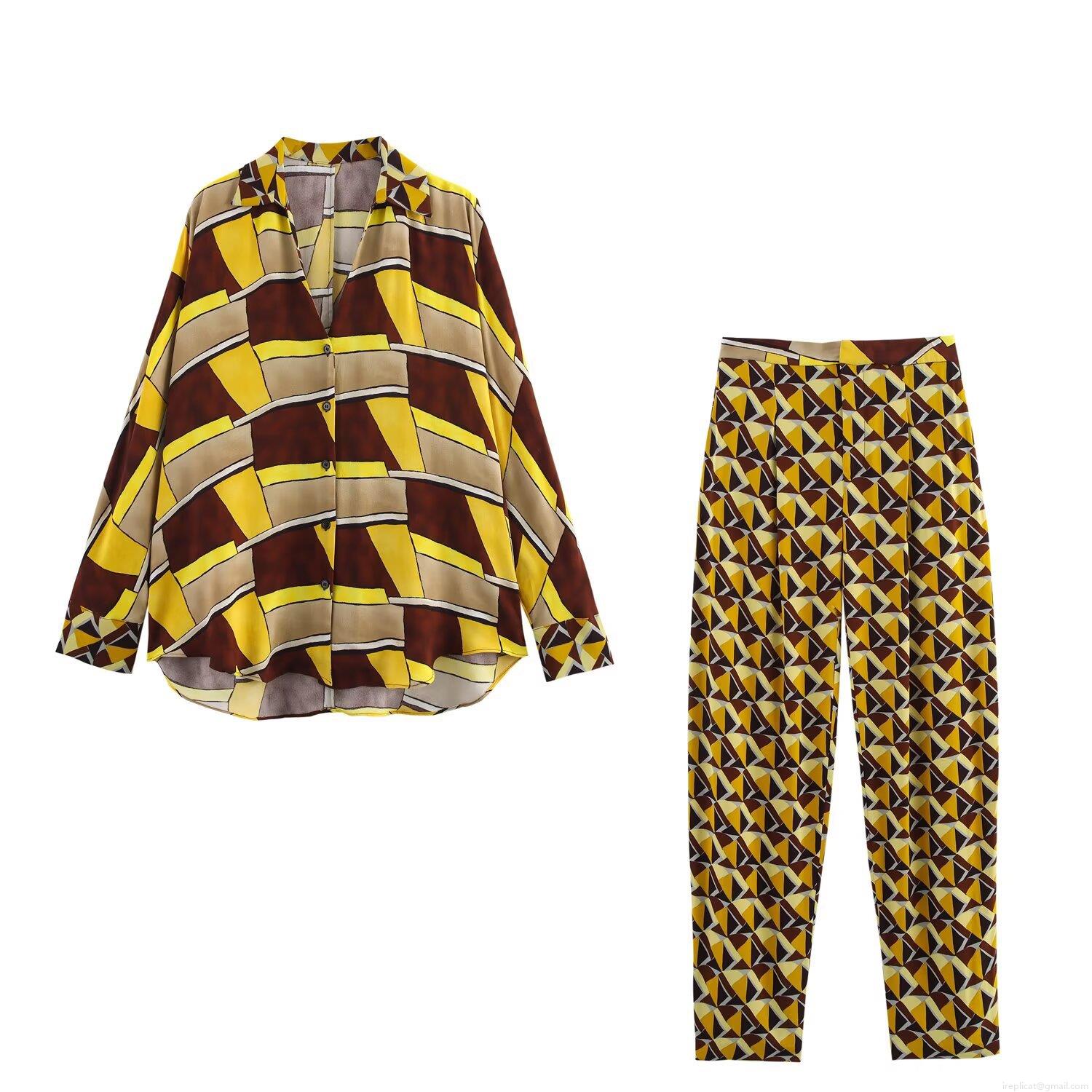 Women's Two Piece Set Vintage Geometric Print Lapel Long Sleeve Shirt and High Waist Straight Leg Pants Casual Streetwear Outfit Polyester Suits Women's Two Piece Set Vintage Geometric Print Lapel Long Sleeve Shirt and High Waist Straight Leg Pants Casual Streetwear Outfit Polyester Suits