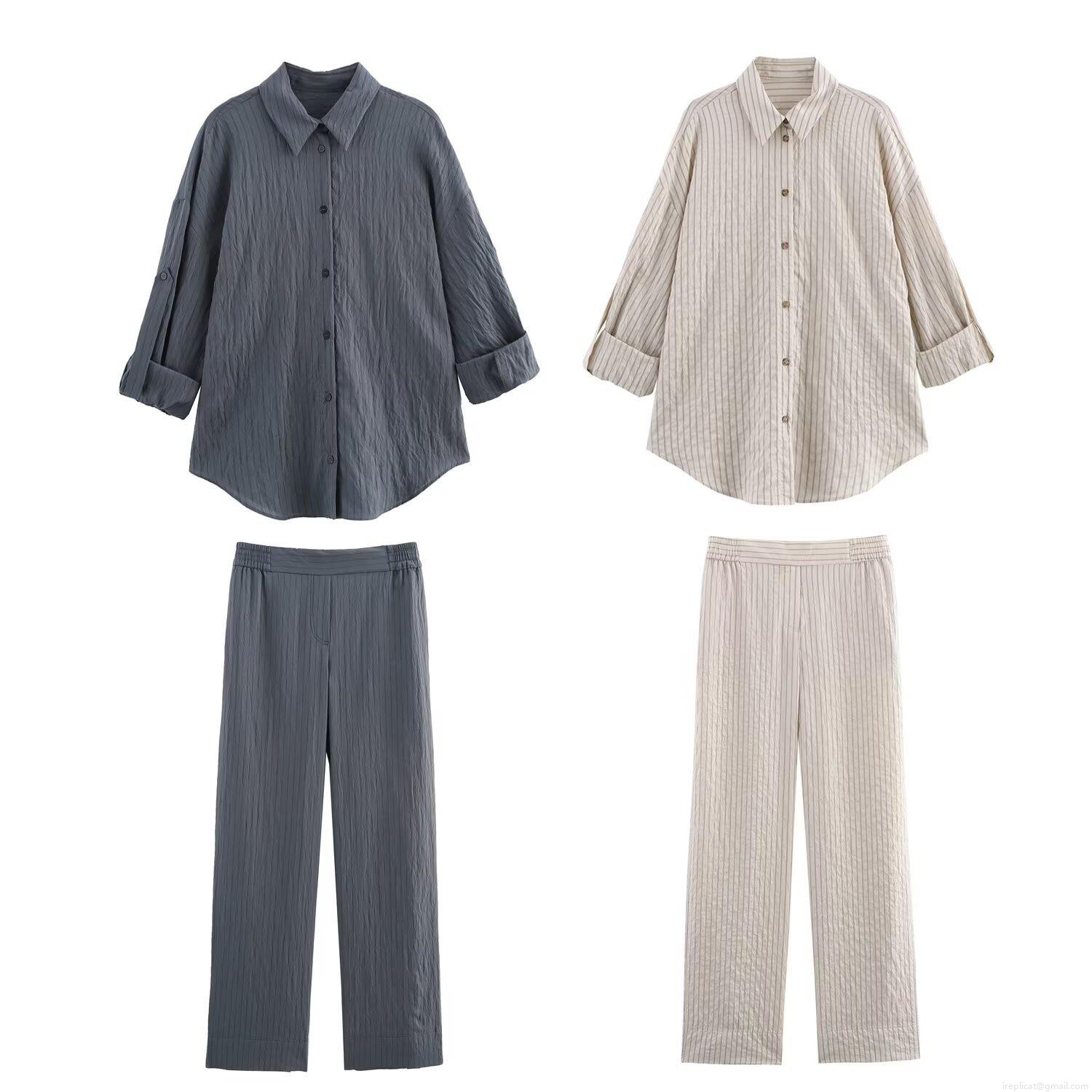 Women's Striped Casual Two Piece Set Poplin Polyester Long Sleeve Lapel Button Up Shirt And Elastic High Waist Wide Leg Straight Pants Loungewear Co-ord Suit Women's Striped Casual Two Piece Set Poplin Polyester Long Sleeve Lapel Button Up Shirt And Elastic High Waist Wide Leg Straight Pants Loungewear Co-ord Suit