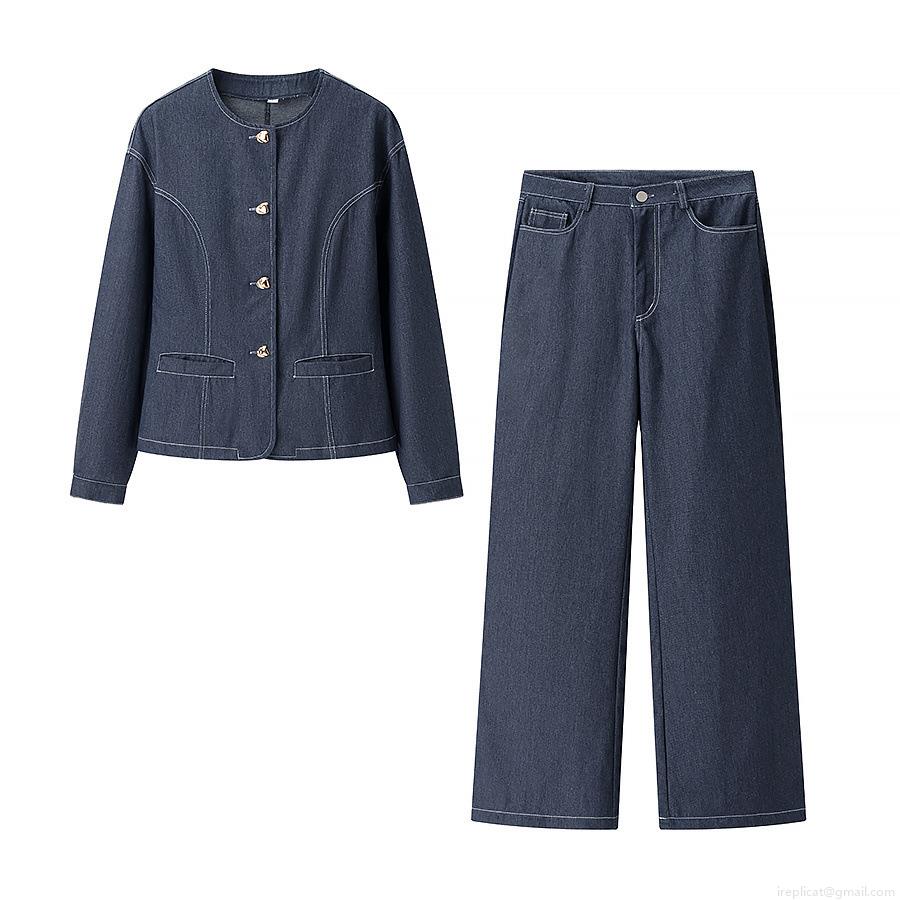 Women's Denim Style Two-Piece Set Solid Color Round Neck Long Sleeve Jacket and High Waist Wide Leg Pants Set with White Contrast Stitching and Gold Buttons Streetwear Casual Outfits Women's Denim Style Two-Piece Set Solid Color Round Neck Long Sleeve Jacket and High Waist Wide Leg Pants Set with White Contrast Stitching and Gold Buttons Streetwear Casual Outfits
