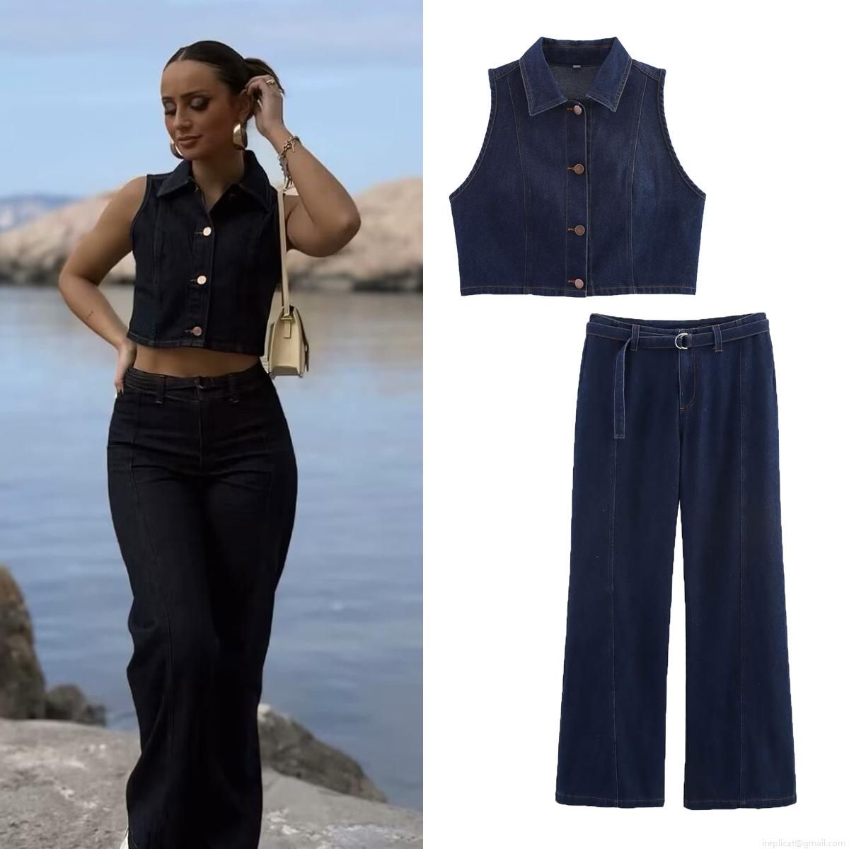 Women's Casual Denim Two Piece Set Sleeveless Button Down Vest Top and Wide Leg High Waist Pants with Belt Contrast Stitching Streetwear Outfit Women's Casual Denim Two Piece Set Sleeveless Button Down Vest Top and Wide Leg High Waist Pants with Belt Contrast Stitching Streetwear Outfit