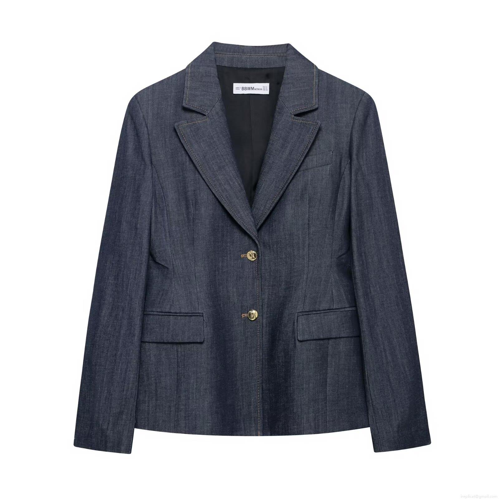 Women\'s 3-Piece Denim Look Suit Set Deep Blue Blazer Bustier Top And Wide Leg Pants Contrast Stitching Streetwear Casual Outfit Women\'s 3-Piece Denim Look Suit Set Deep Blue Blazer Bustier Top And Wide Leg Pants Contrast Stitching Streetwear Casual Outfit