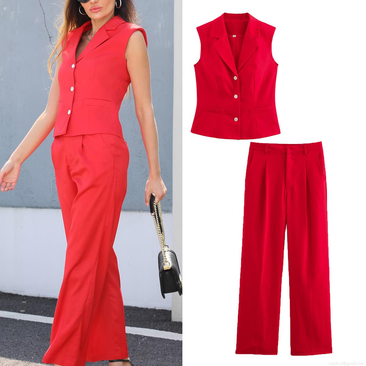 Women's Red 2 Piece Vest Pants Set Fashion Sleeveless Single Breasted Waistcoat And High Waist Wide Leg Trousers Woven Polyester Outfits For Casual Streetwear Party Women's Red 2 Piece Vest Pants Set Fashion Sleeveless Single Breasted Waistcoat And High Waist Wide Leg Trousers Woven Polyester Outfits For Casual Streetwear Party