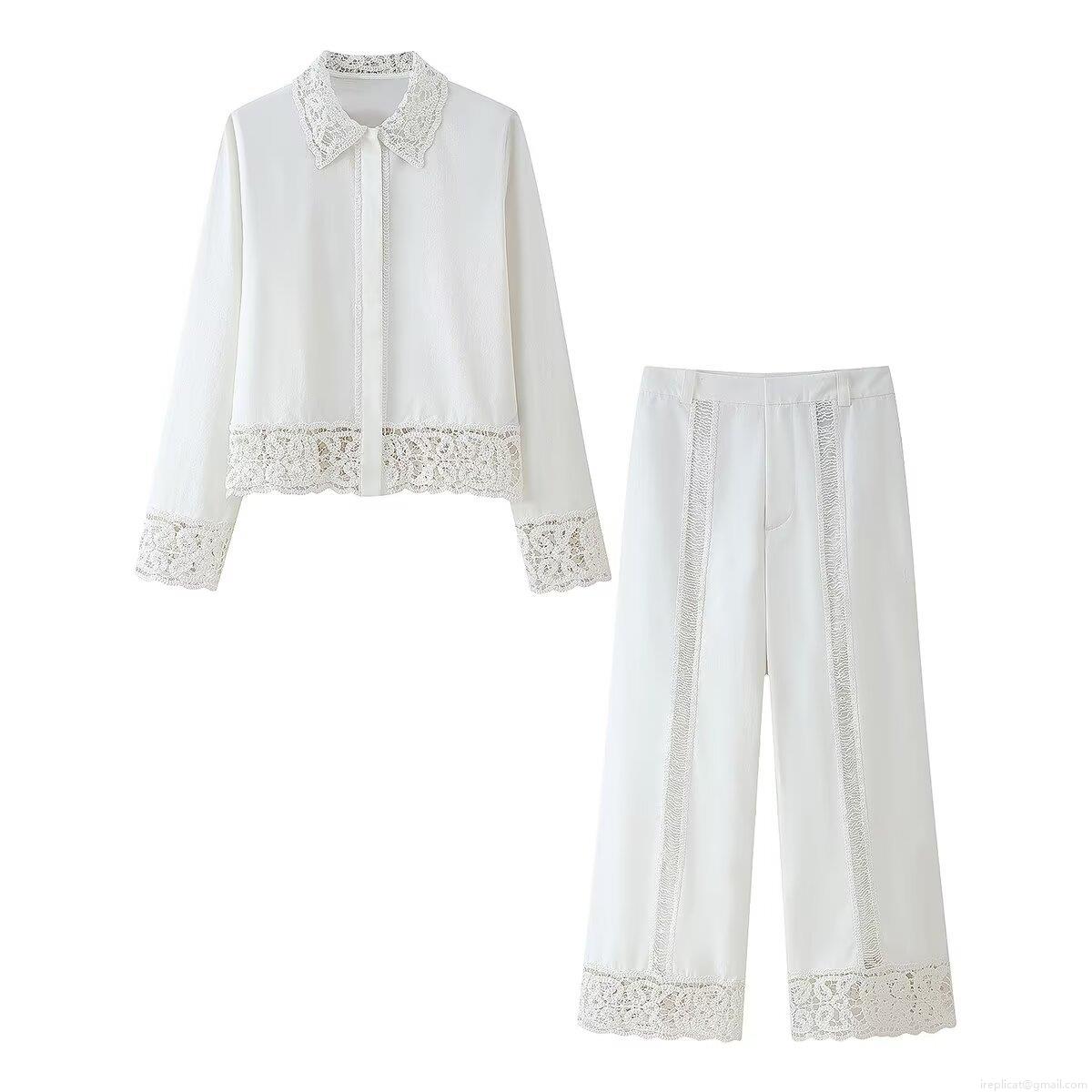 Women's Elegant White Lace Crochet Two Piece Set Long Sleeve Lapel Shirt And High Waist Wide Leg Pants Chic Summer Vacation Outfits Women's Elegant White Lace Crochet Two Piece Set Long Sleeve Lapel Shirt And High Waist Wide Leg Pants Chic Summer Vacation Outfits