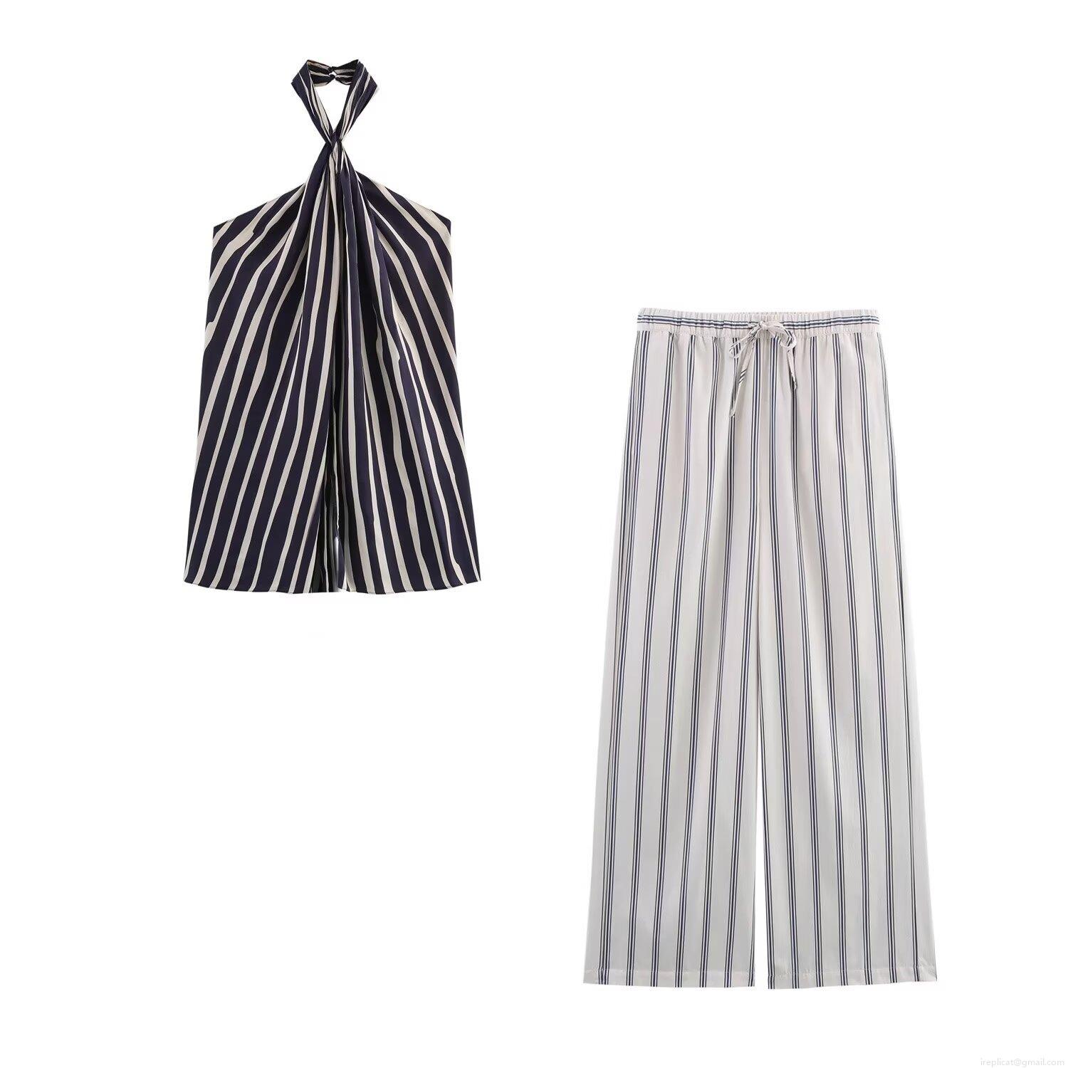 Summer Women Striped Halter Neck Backless Top And High Waist Wide Leg Drawstring Pants Two Piece Set Streetwear Casual Outfits Summer Women Striped Halter Neck Backless Top And High Waist Wide Leg Drawstring Pants Two Piece Set Streetwear Casual Outfits