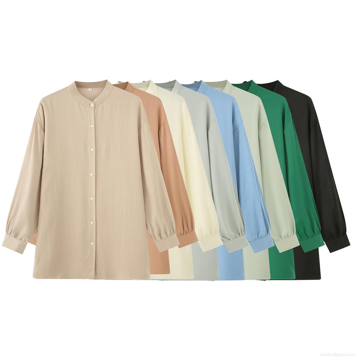 Women\'s Casual 2-Piece Outfit Cotton Blend Long Sleeve Stand Collar Button Down Shirt and Elastic Waist Wide Leg Pants Set Solid Color Streetwear Suit
