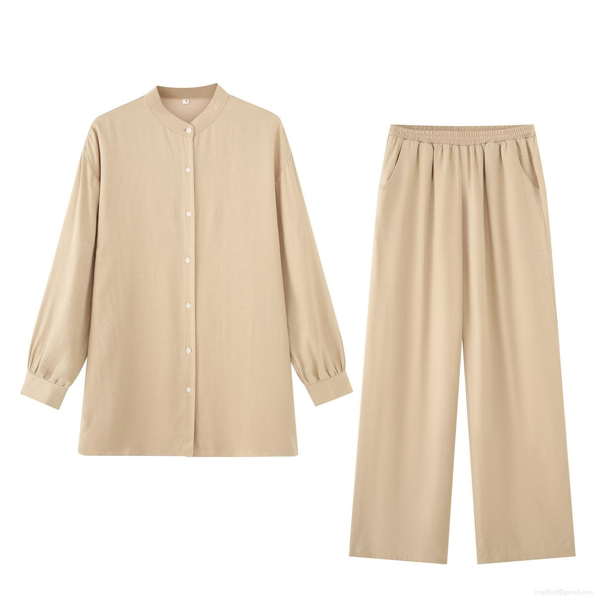 Women\'s Casual 2-Piece Outfit Cotton Blend Long Sleeve Stand Collar Button Down Shirt and Elastic Waist Wide Leg Pants Set Solid Color Streetwear Suit