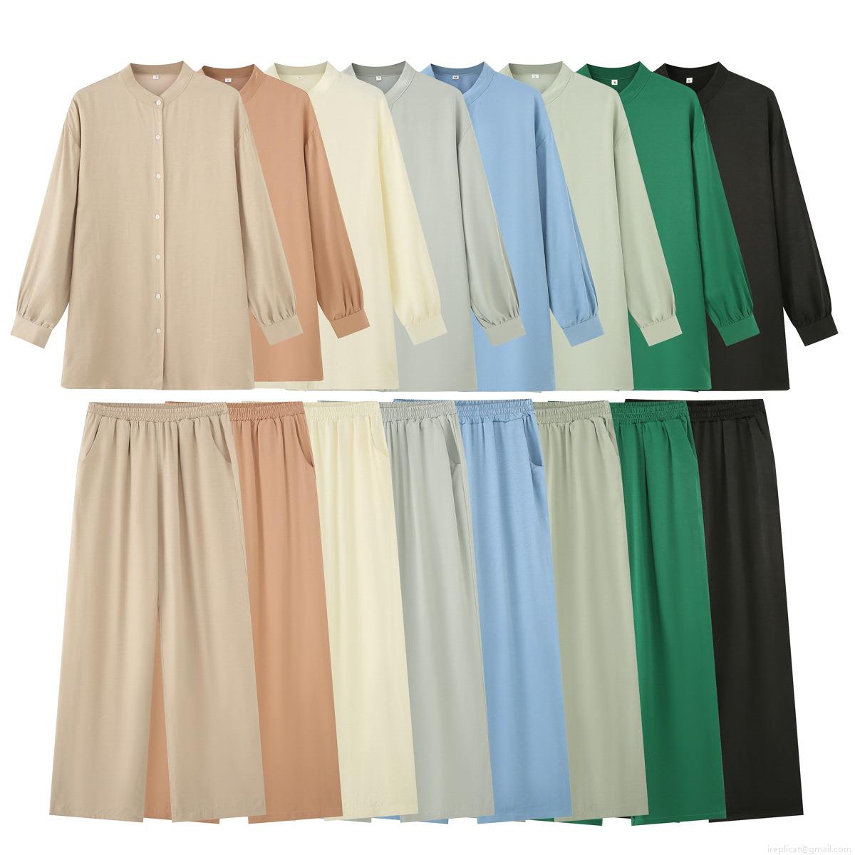 Women\'s Casual 2-Piece Outfit Cotton Blend Long Sleeve Stand Collar Button Down Shirt and Elastic Waist Wide Leg Pants Set Solid Color Streetwear Suit