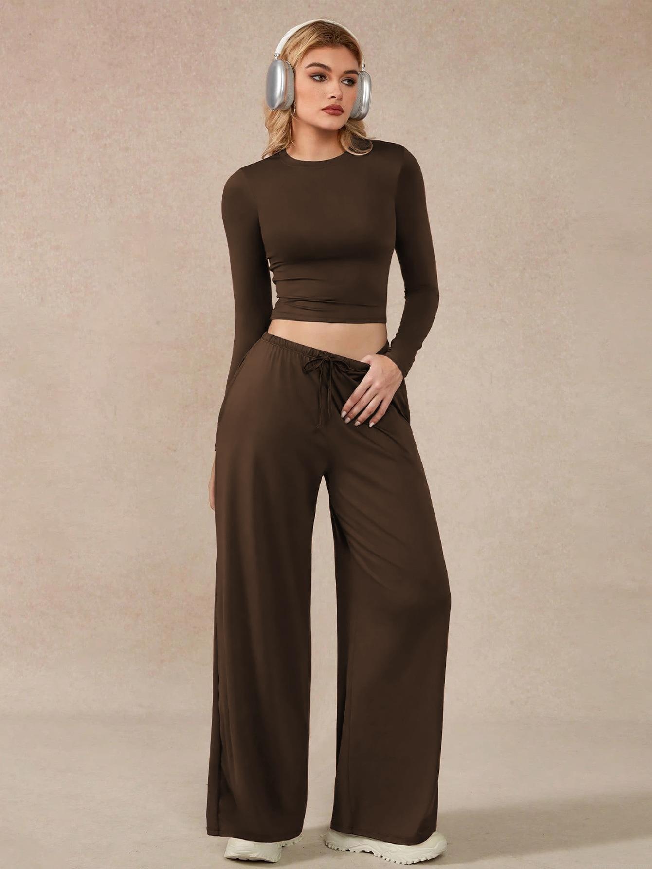 Women's 2-Piece Lounge Set Polyester Spandex Long Sleeve Crop Top And High Waist Wide Leg Pants Casual Home Suit Outfit For Ladies Solid Color Brown Women's 2-Piece Lounge Set Polyester Spandex Long Sleeve Crop Top And High Waist Wide Leg Pants Casual Home Suit Outfit For Ladies Solid Color Brown