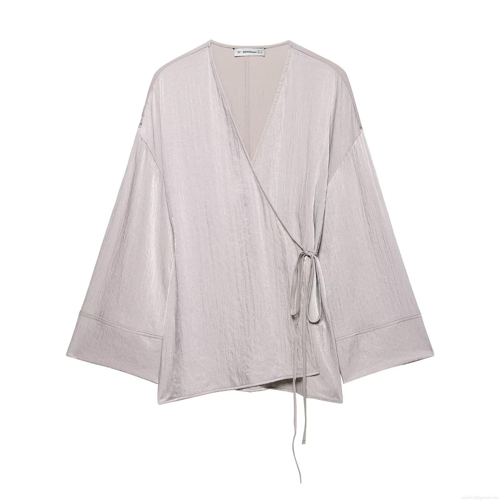 Women's Pleated Satin Two Piece Outfits Kimono Style Wrap Tie Side V Neck Top And Wide Leg Pants Set Solid Color Casual Lounge Wear Streetwear Women's Pleated Satin Two Piece Outfits Kimono Style Wrap Tie Side V Neck Top And Wide Leg Pants Set Solid Color Casual Lounge Wear Streetwear