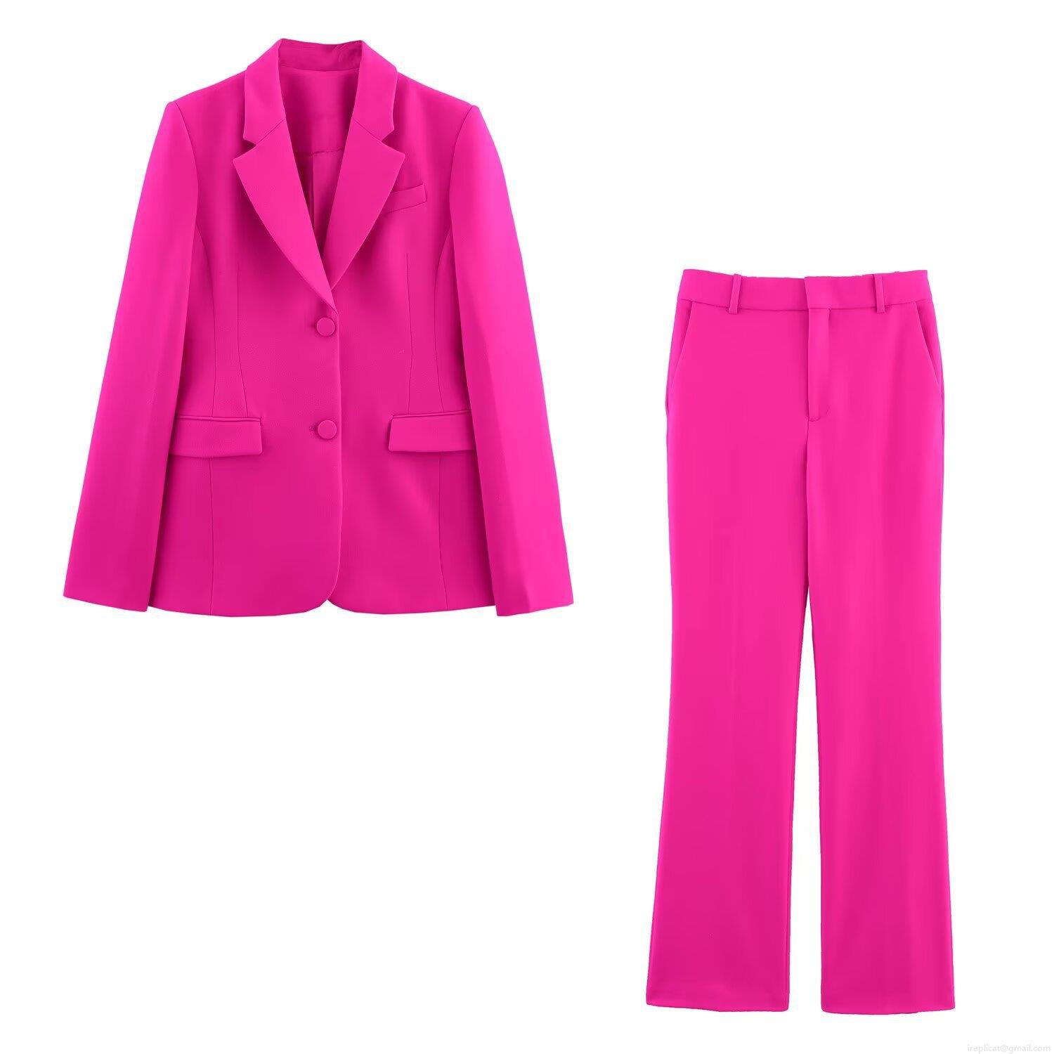 Women's Blazer Pants Set Elegant Polyester Double Button Slim Fit Jacket High Waist Flared Trousers Office Lady Streetwear Suit Magenta Women's Blazer Pants Set Elegant Polyester Double Button Slim Fit Jacket High Waist Flared Trousers Office Lady Streetwear Suit Magenta