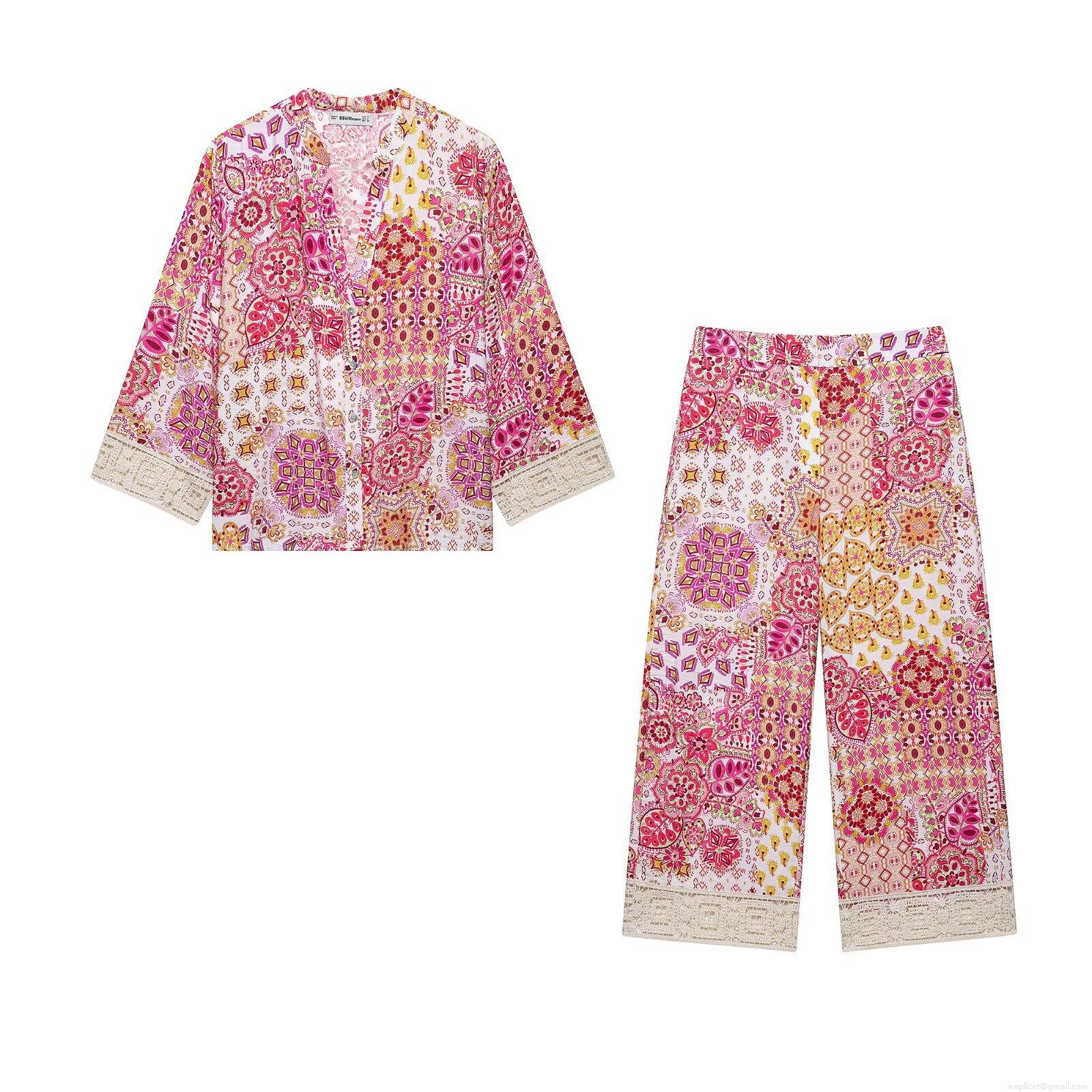 Women's Bohemian Printed 2-Piece Set V Neck Long Sleeve Lantern Sleeve Shirt and High Waist Wide Leg Pants With Lace Patchwork Ethnic Floral Summer Vacation Outfits Women's Bohemian Printed 2-Piece Set V Neck Long Sleeve Lantern Sleeve Shirt and High Waist Wide Leg Pants With Lace Patchwork Ethnic Floral Summer Vacation Outfits