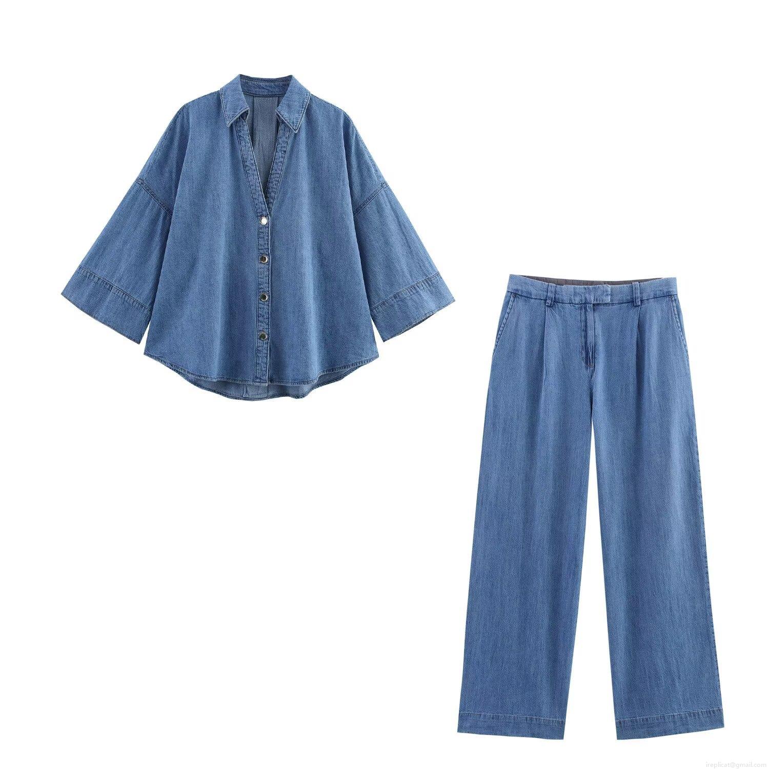Women European Style Oversized Denim Shirt And Wide Leg Jeans Two Piece Pants Set Blue Cotton Blend Long Sleeve Button Up Washed Denim Casual Streetwear Outfits For Women Women European Style Oversized Denim Shirt And Wide Leg Jeans Two Piece Pants Set Blue Cotton Blend Long Sleeve Button Up Washed Denim Casual Streetwear Outfits For Women