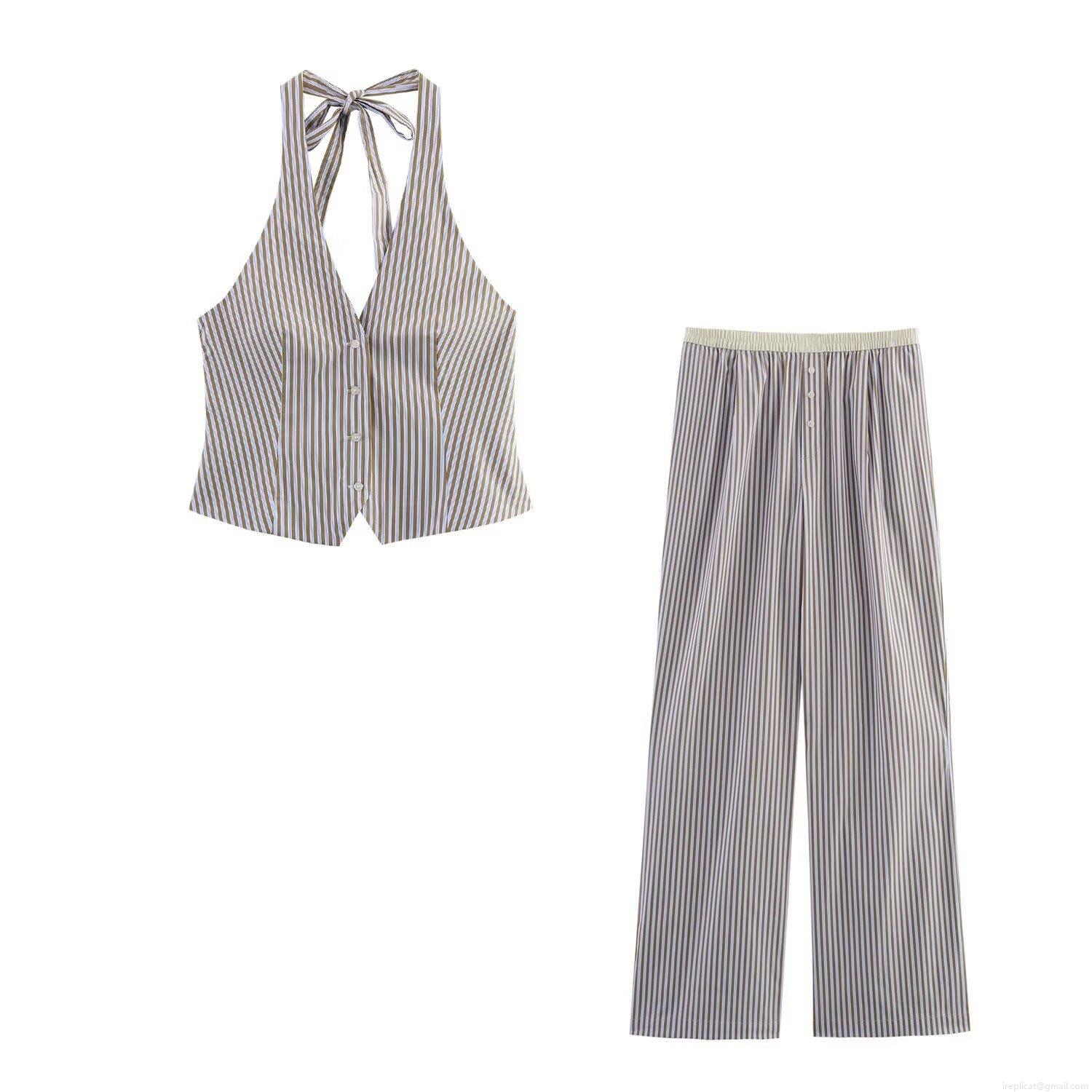 Women Striped Halter Top And Wide Leg Pants Set Poplin Polyester Blend Sleeveless Backless Summer Casual Two Piece Outfits For Women Women Striped Halter Top And Wide Leg Pants Set Poplin Polyester Blend Sleeveless Backless Summer Casual Two Piece Outfits For Women