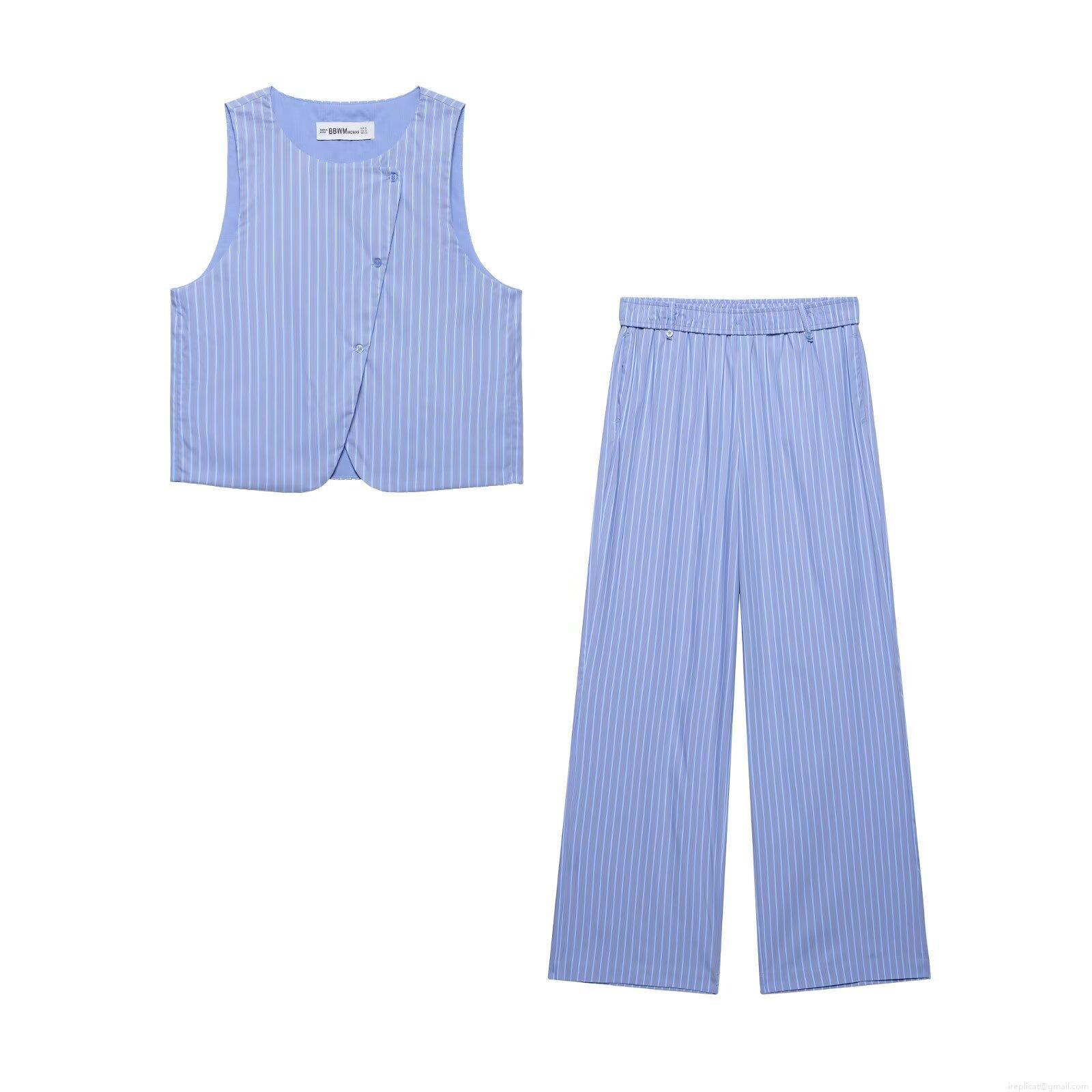 Women's Striped Two Piece Set Sleeveless Vest Top And Wide Leg Pants Office Lady Streetwear Polyester Casual Outfits Blue White Striped Suit Women's Striped Two Piece Set Sleeveless Vest Top And Wide Leg Pants Office Lady Streetwear Polyester Casual Outfits Blue White Striped Suit