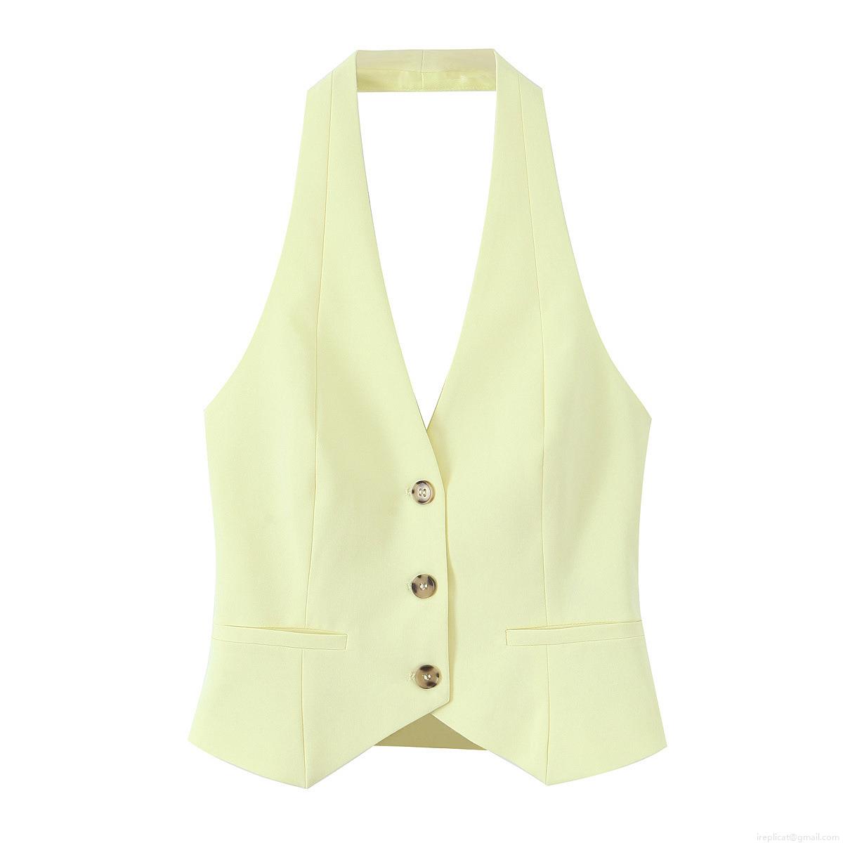 Women\'s Elegant Halter Neck Sleeveless Vest Top And High Waist Wide Leg Pants Two Piece Set Solid Color Polyester Summer Casual Suit