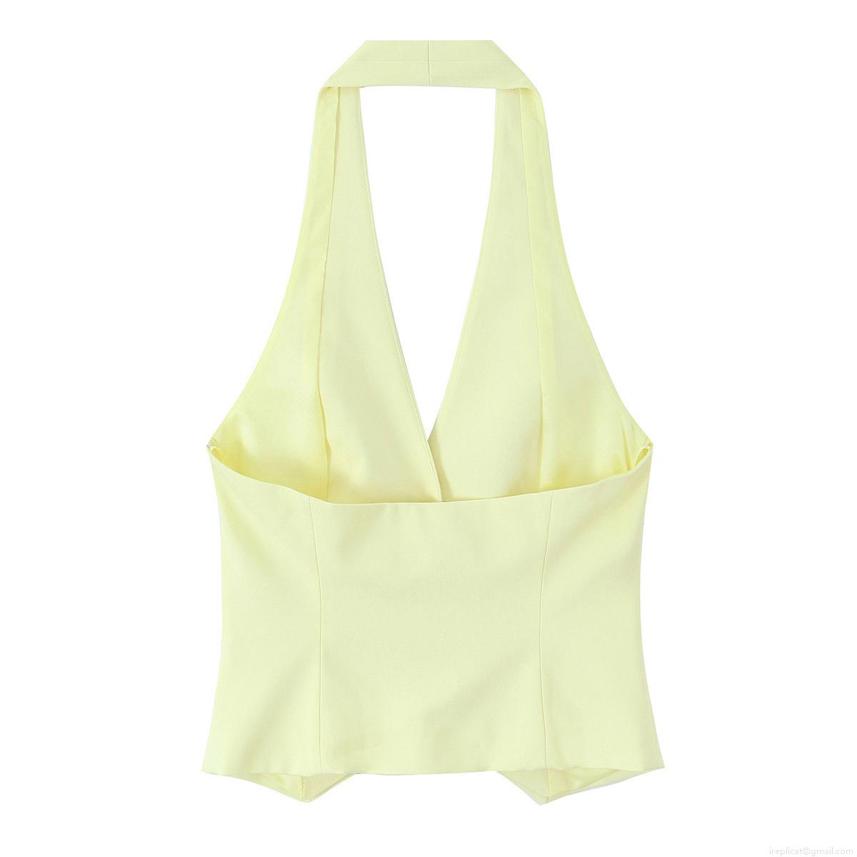 Women\'s Elegant Halter Neck Sleeveless Vest Top And High Waist Wide Leg Pants Two Piece Set Solid Color Polyester Summer Casual Suit
