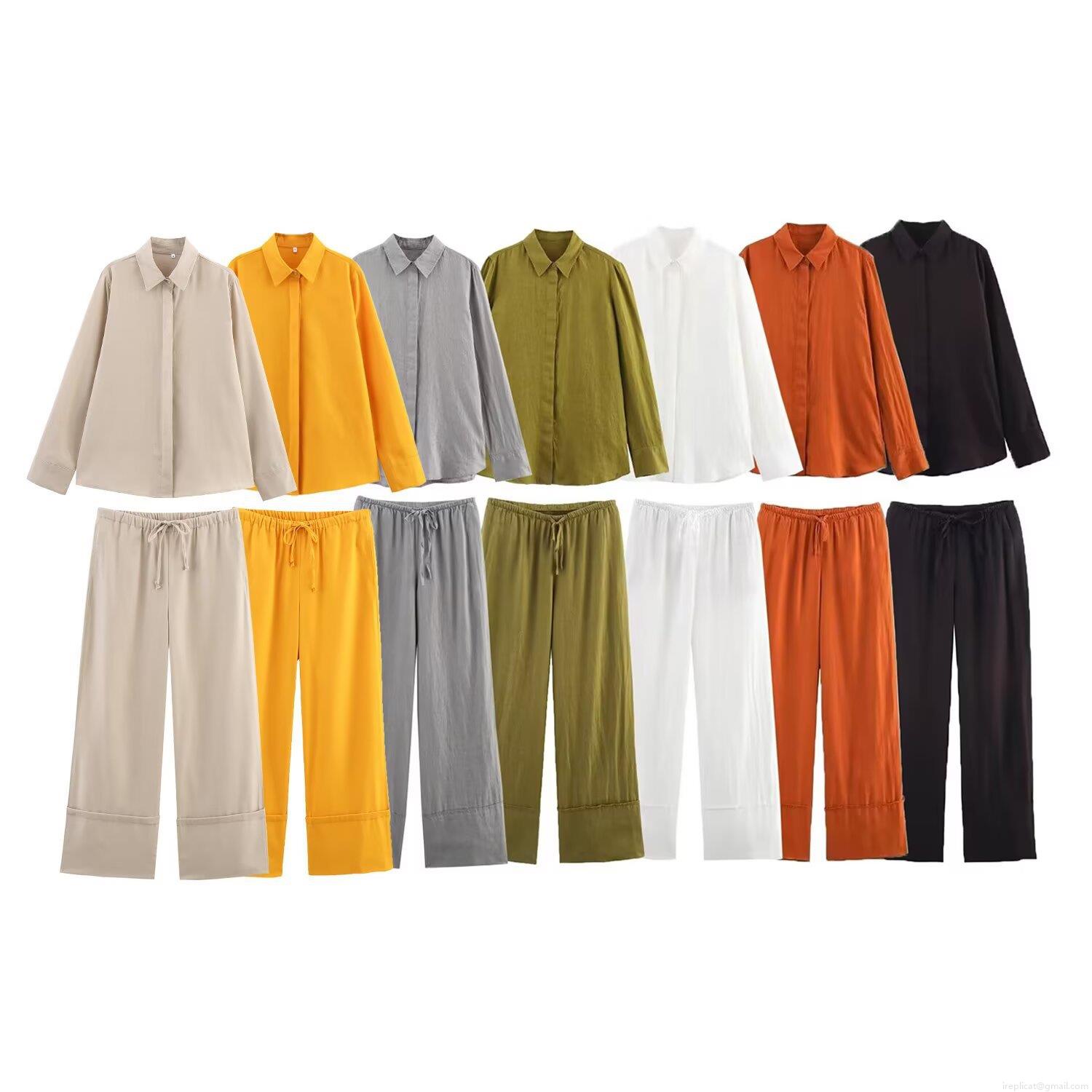 Women's Casual Two Piece Linen Blend Set Long Sleeve Button Down Shirt And High Waisted Wide Leg Pants Solid Color Loungewear Outfit Women's Casual Two Piece Linen Blend Set Long Sleeve Button Down Shirt And High Waisted Wide Leg Pants Solid Color Loungewear Outfit