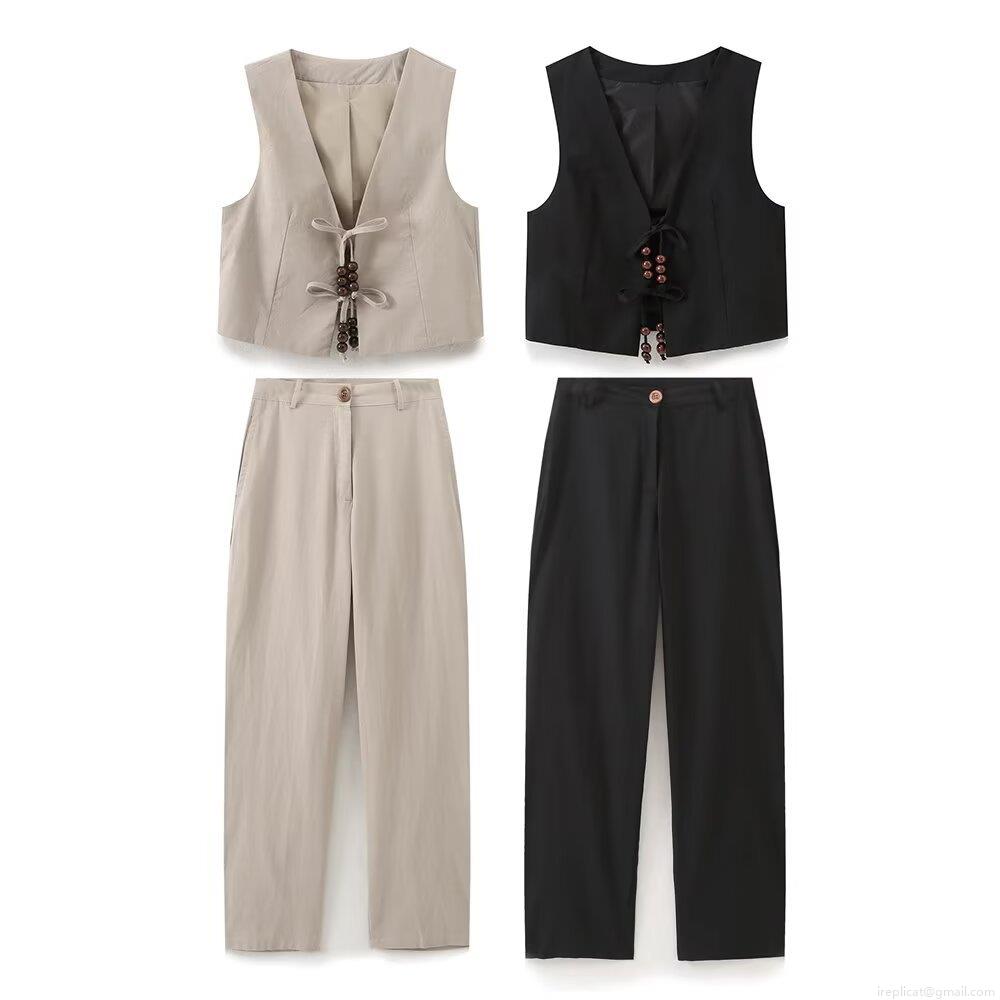 Women's 2 Piece Linen Blend Outfits V-Neck Lace Up Vest With Wood Beads And High Waist Wide Leg Pants Set Summer Casual Solid Color Sleeveless Top Long Trousers Co-ord Set Women's 2 Piece Linen Blend Outfits V-Neck Lace Up Vest With Wood Beads And High Waist Wide Leg Pants Set Summer Casual Solid Color Sleeveless Top Long Trousers Co-ord Set