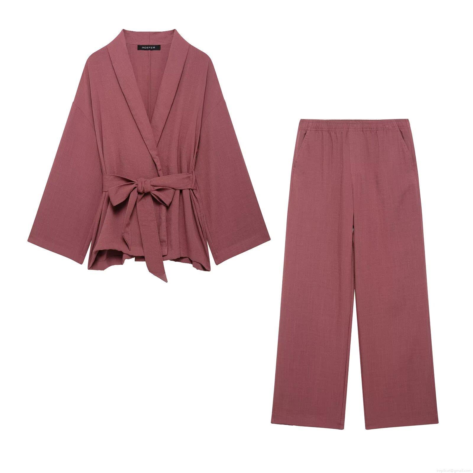 Women's Kimono Style Wrap Top and Wide Leg Pants Two-Piece Set Solid Color Linen Texture Lounge Wear Suit With Belt For Ladies Casual Streetwear Women's Kimono Style Wrap Top and Wide Leg Pants Two-Piece Set Solid Color Linen Texture Lounge Wear Suit With Belt For Ladies Casual Streetwear
