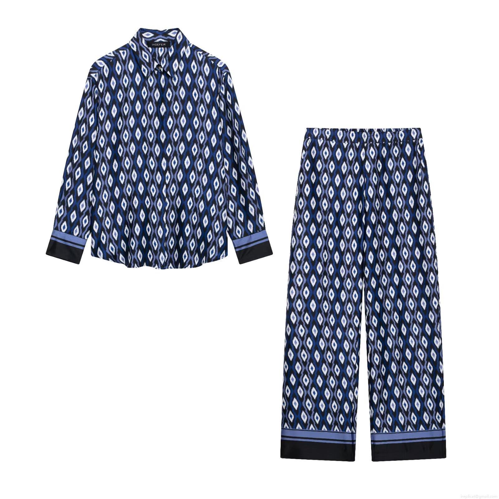 Women Geometric Rhombus Print 2 Piece Pants Set Loose Long Sleeve Lapel Shirt And High Waist Wide Leg Trousers Casual Streetwear Outfit Women Geometric Rhombus Print 2 Piece Pants Set Loose Long Sleeve Lapel Shirt And High Waist Wide Leg Trousers Casual Streetwear Outfit