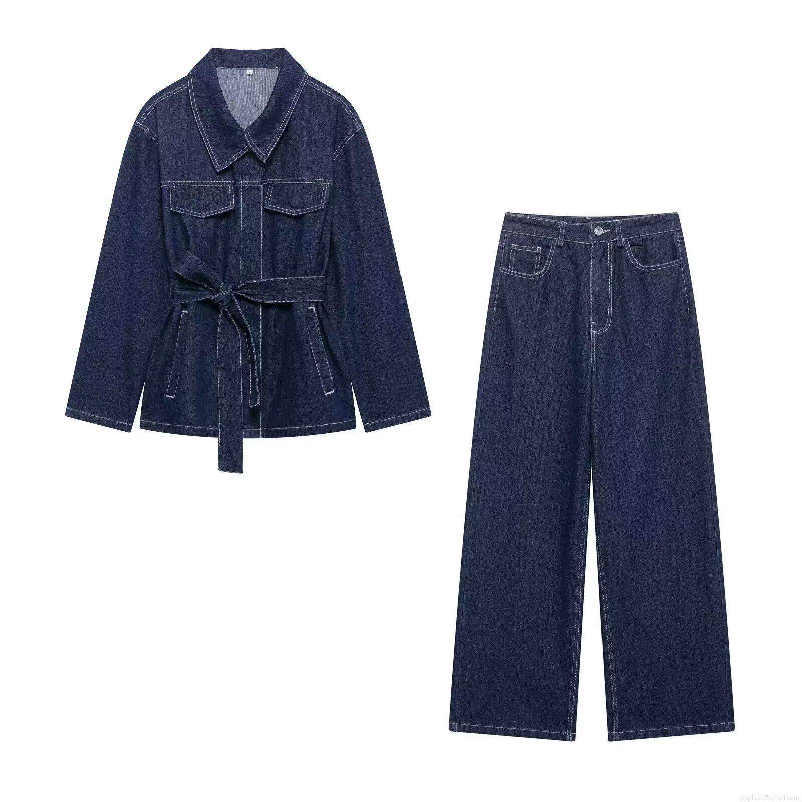 Women's Denim Set Navy Blue Lapel Belted Jacket And Wide Leg Pants Two-Piece Casual Streetwear Suit With Contrast Stitching Women's Denim Set Navy Blue Lapel Belted Jacket And Wide Leg Pants Two-Piece Casual Streetwear Suit With Contrast Stitching
