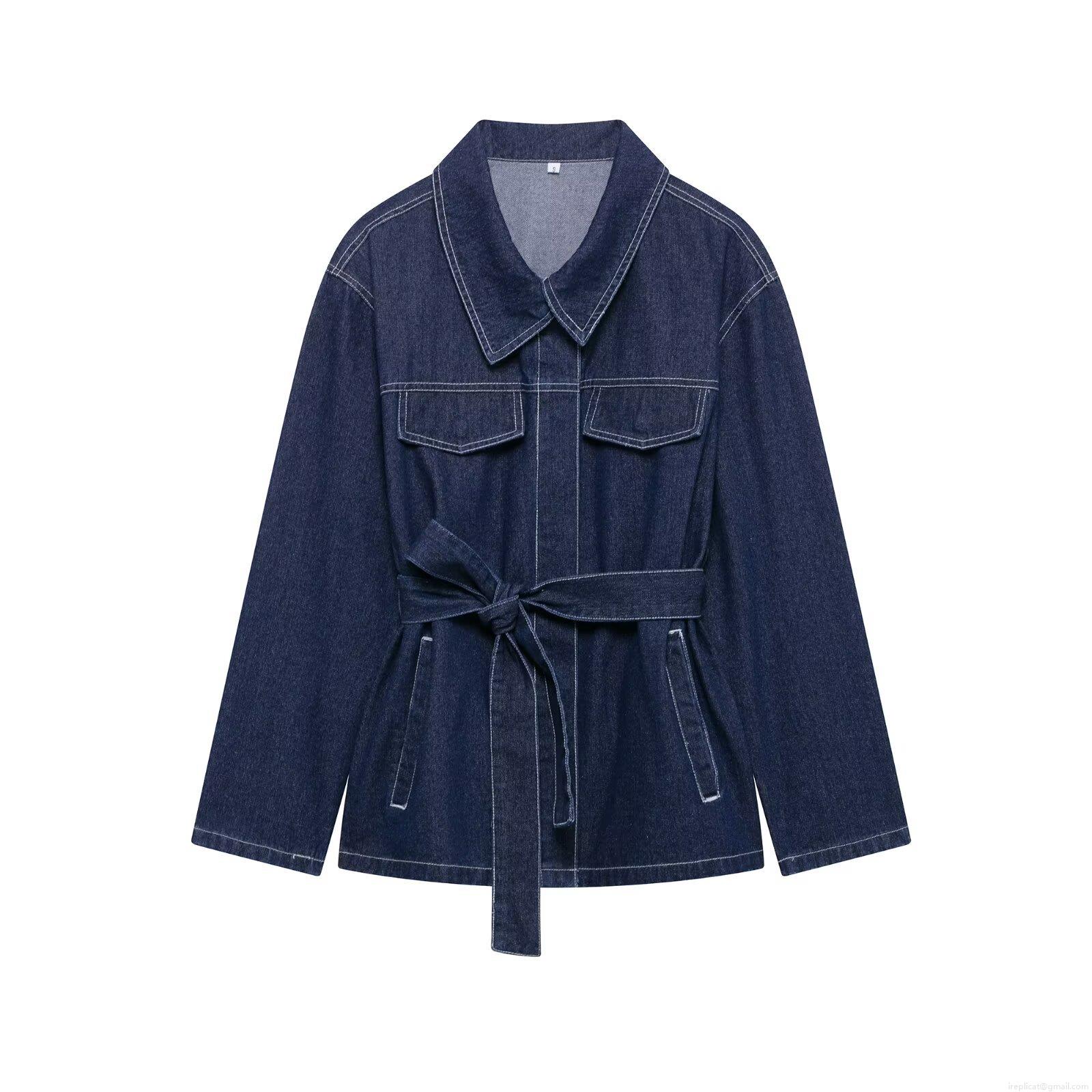 Women\'s Denim Set Navy Blue Lapel Belted Jacket And Wide Leg Pants Two-Piece Casual Streetwear Suit With Contrast Stitching