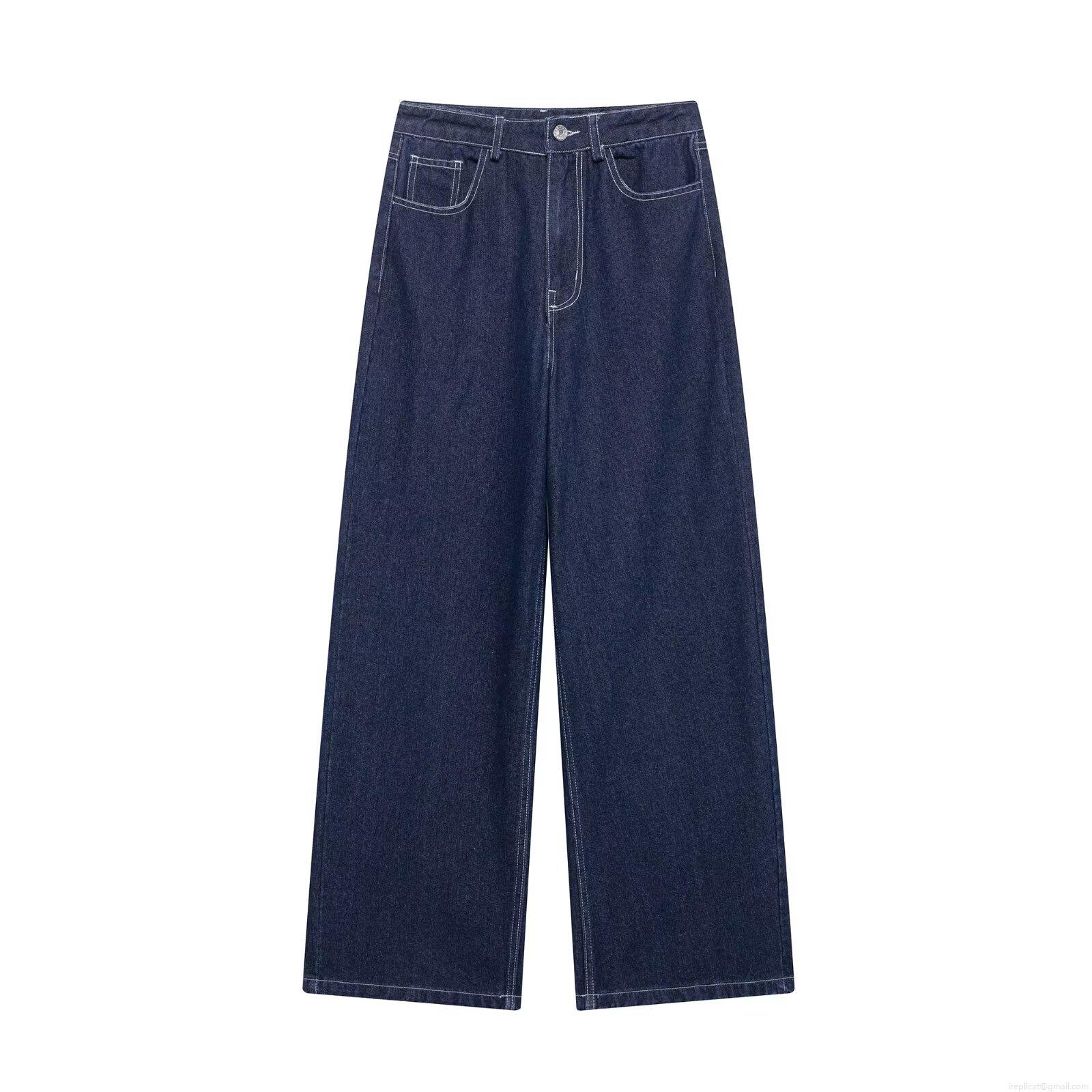 Women\'s Denim Set Navy Blue Lapel Belted Jacket And Wide Leg Pants Two-Piece Casual Streetwear Suit With Contrast Stitching