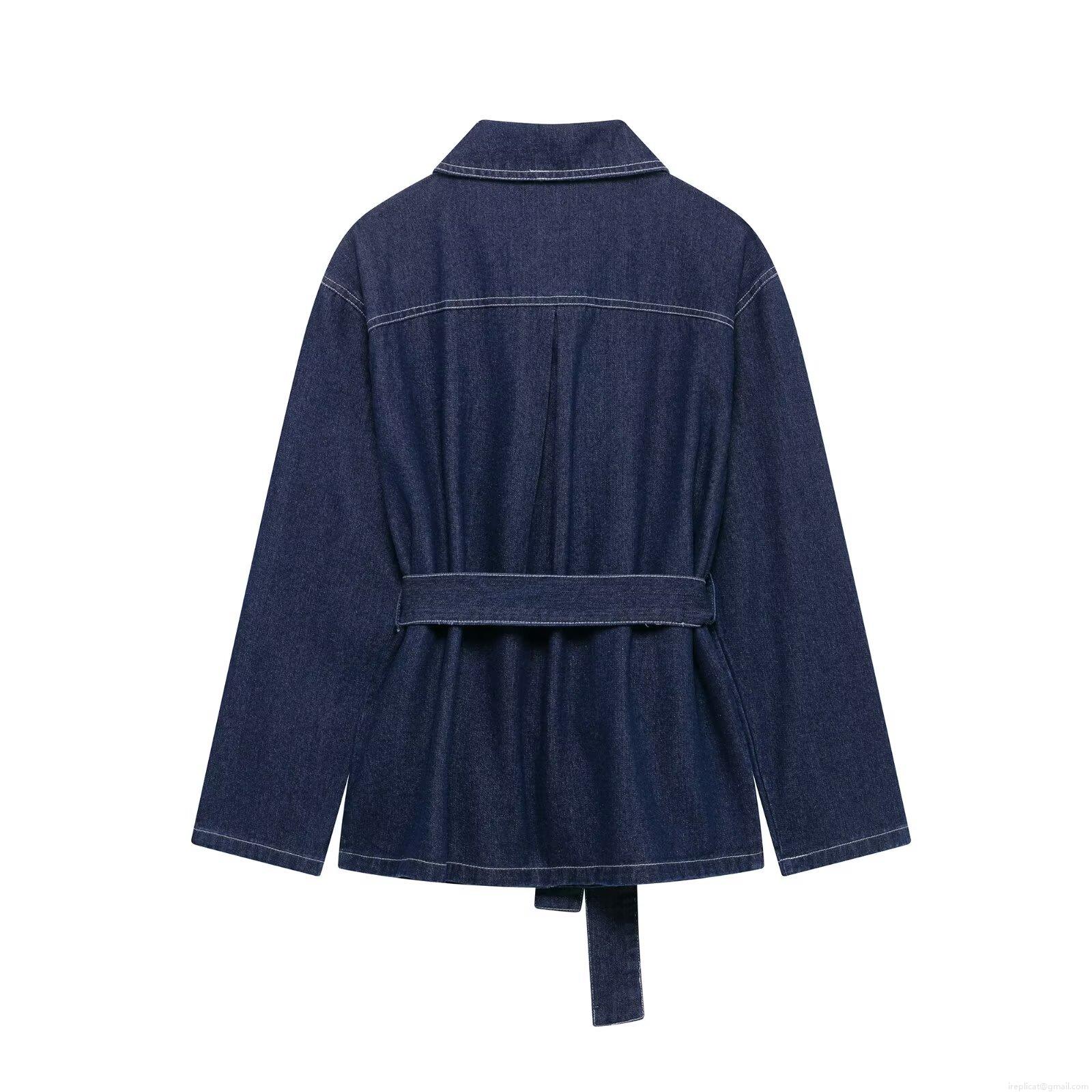Women\'s Denim Set Navy Blue Lapel Belted Jacket And Wide Leg Pants Two-Piece Casual Streetwear Suit With Contrast Stitching