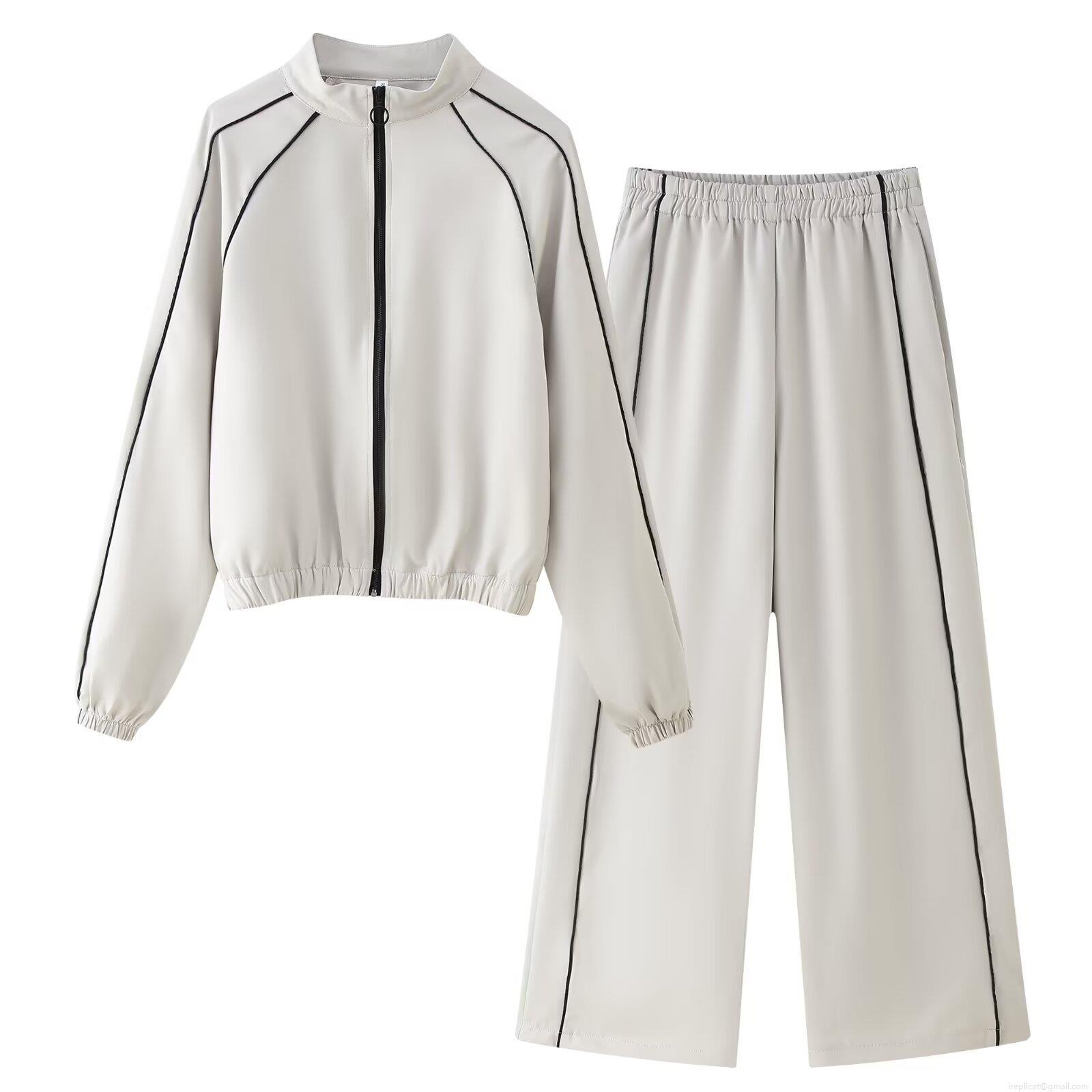 Women's Two Piece Outfits Contrast Trim Zipper Bomber Jacket Stand Collar Long Sleeve Coat And Elastic Waist Wide Leg Pants Set Minimalist Streetwear Tracksuit Women's Two Piece Outfits Contrast Trim Zipper Bomber Jacket Stand Collar Long Sleeve Coat And Elastic Waist Wide Leg Pants Set Minimalist Streetwear Tracksuit