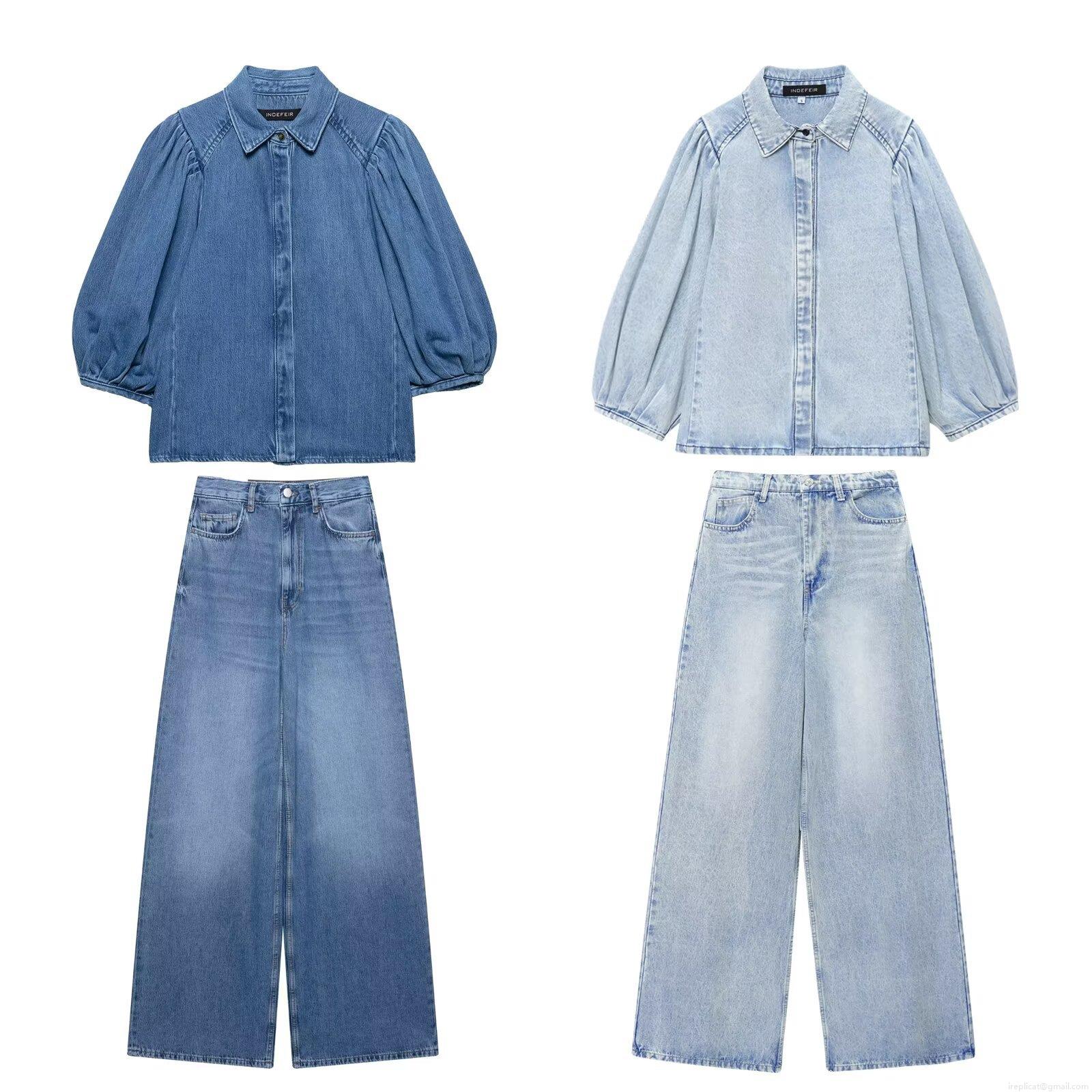 Women's Denim Two Piece Set Long Puff Sleeve Washed Denim Shirt and High Waisted Wide Leg Pants Casual Autumn Western Style Streetwear Outfit Women's Denim Two Piece Set Long Puff Sleeve Washed Denim Shirt and High Waisted Wide Leg Pants Casual Autumn Western Style Streetwear Outfit