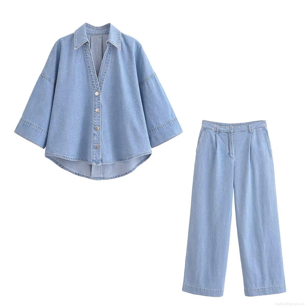 Women's Casual Denim 2 Piece Set Loose Dropped Shoulder Button Shirt And High Waist Wide Leg Pants Washed Cotton Denim Pants Suits For Women Streetwear Women's Casual Denim 2 Piece Set Loose Dropped Shoulder Button Shirt And High Waist Wide Leg Pants Washed Cotton Denim Pants Suits For Women Streetwear