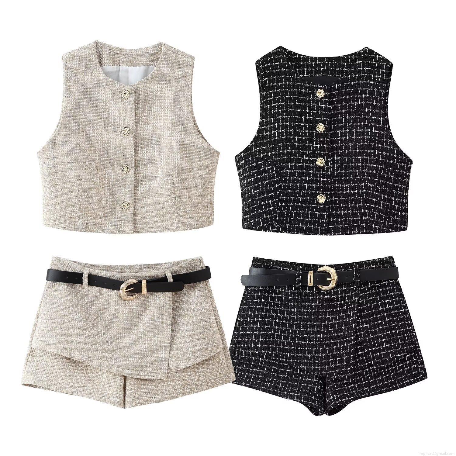 Women's Elegant Tweed Two Piece Set Sleeveless Round Neck Vest With Metal Buttons And High Waist Shorts With Belt Casual Streetwear Summer Outfits Women's Elegant Tweed Two Piece Set Sleeveless Round Neck Vest With Metal Buttons And High Waist Shorts With Belt Casual Streetwear Summer Outfits