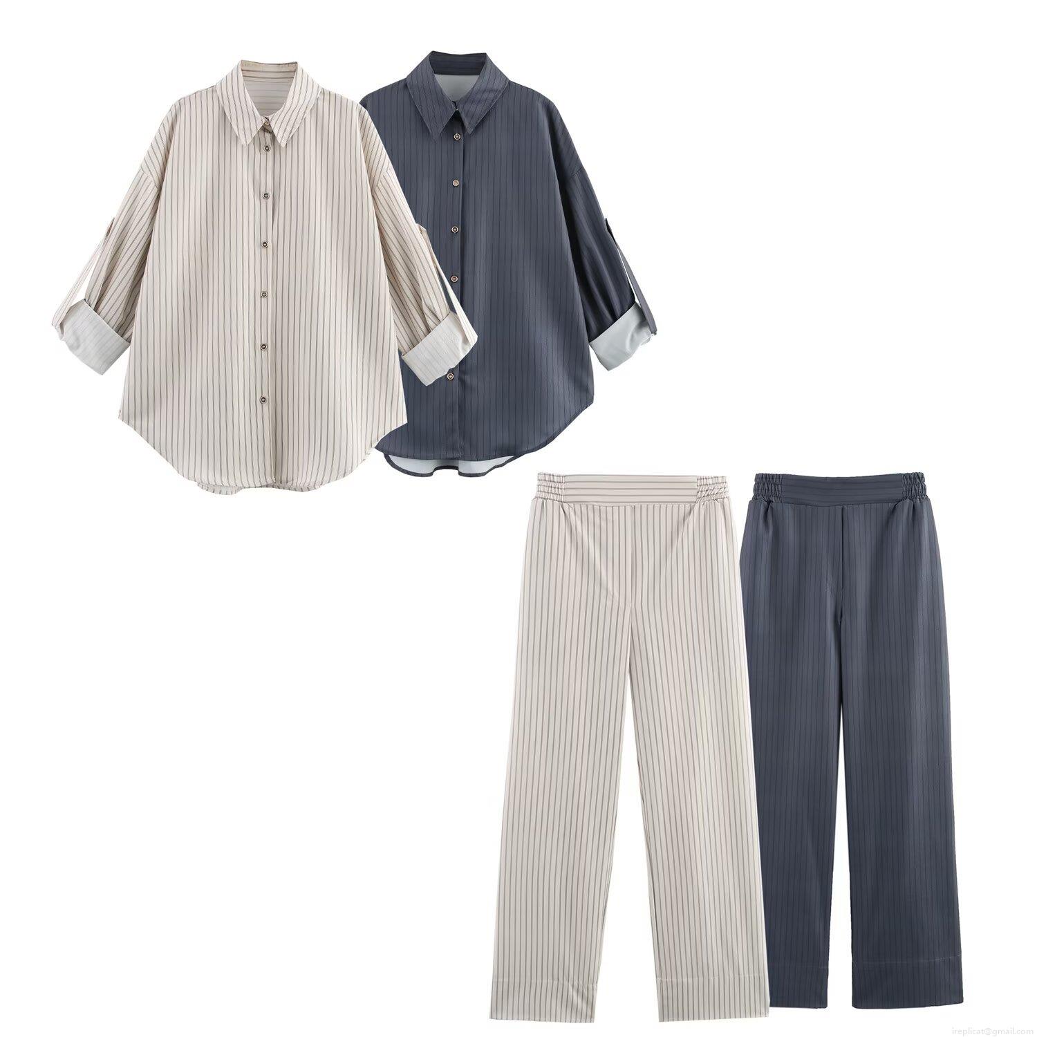 Women Striped Long Sleeve Shirt And Wide Leg Pants Casual Polyester Two Piece Set Adjustable Sleeve Lapel Top High Waist Trousers Streetwear Daily Outfit Women Striped Long Sleeve Shirt And Wide Leg Pants Casual Polyester Two Piece Set Adjustable Sleeve Lapel Top High Waist Trousers Streetwear Daily Outfit