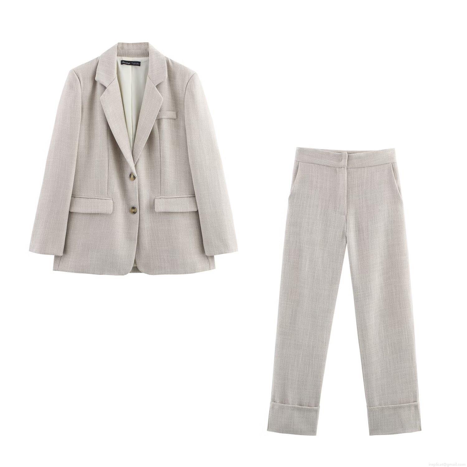 Women's 2-Piece Suit Set Padded Shoulder Blazer and Cuffed Straight Leg Trousers Oatmeal Woven Polyester Professional Office Streetwear Outfit Women's 2-Piece Suit Set Padded Shoulder Blazer and Cuffed Straight Leg Trousers Oatmeal Woven Polyester Professional Office Streetwear Outfit