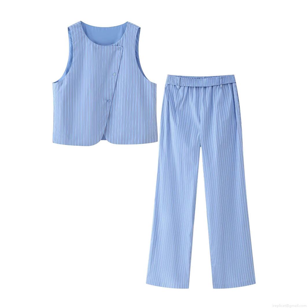 Women\'s Striped 2 Piece Pant Sets Sleeveless Button Down Vest And High Waisted Elastic Long Pants Outfits Summer Casual Streetwear Suit Women\'s Striped 2 Piece Pant Sets Sleeveless Button Down Vest And High Waisted Elastic Long Pants Outfits Summer Casual Streetwear Suit
