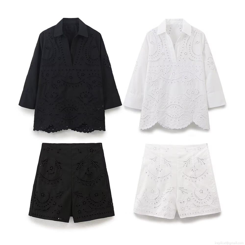 Women Hollow Out Eyelet Embroidery 2 Piece Set Cotton Blend V Neck Shirt And High Waist Shorts Elegant Summer Vacation Street Style Outfits Women Hollow Out Eyelet Embroidery 2 Piece Set Cotton Blend V Neck Shirt And High Waist Shorts Elegant Summer Vacation Street Style Outfits