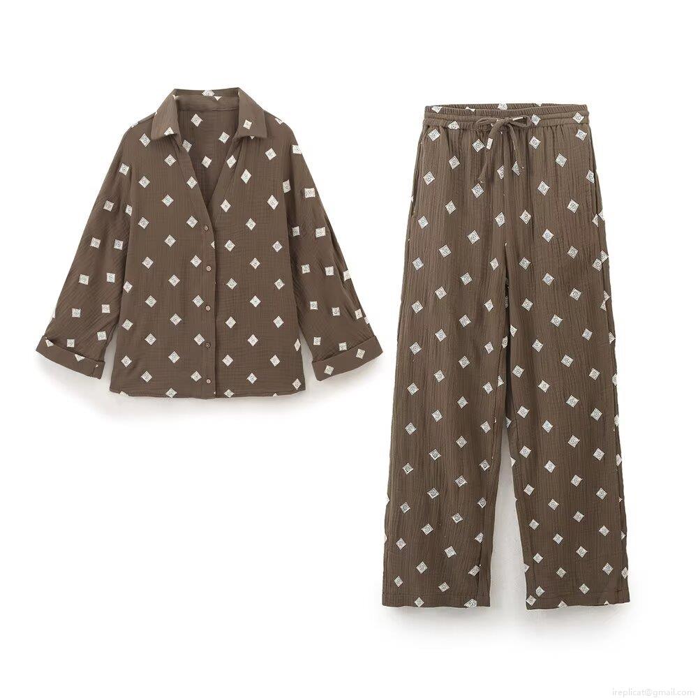 Women's 85% Cotton 15% Polyester Embroidered Shirt And Long Pants Set Geometric Diamond Embroidery Long Sleeve Button Up Top And Elastic Drawstring Waist Trousers Casual Boho 2 Piece Outfit Women's 85% Cotton 15% Polyester Embroidered Shirt And Long Pants Set Geometric Diamond Embroidery Long Sleeve Button Up Top And Elastic Drawstring Waist Trousers Casual Boho 2 Piece Outfit
