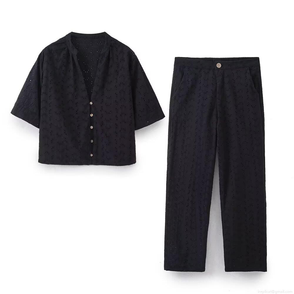Women's 2 Piece Set Eyelet Embroidery Cotton Blend V-Neck Short Sleeve Button Down Shirt And Straight Leg Pants Casual Stylish Summer Beach Vacation Outfit Black Women's 2 Piece Set Eyelet Embroidery Cotton Blend V-Neck Short Sleeve Button Down Shirt And Straight Leg Pants Casual Stylish Summer Beach Vacation Outfit Black