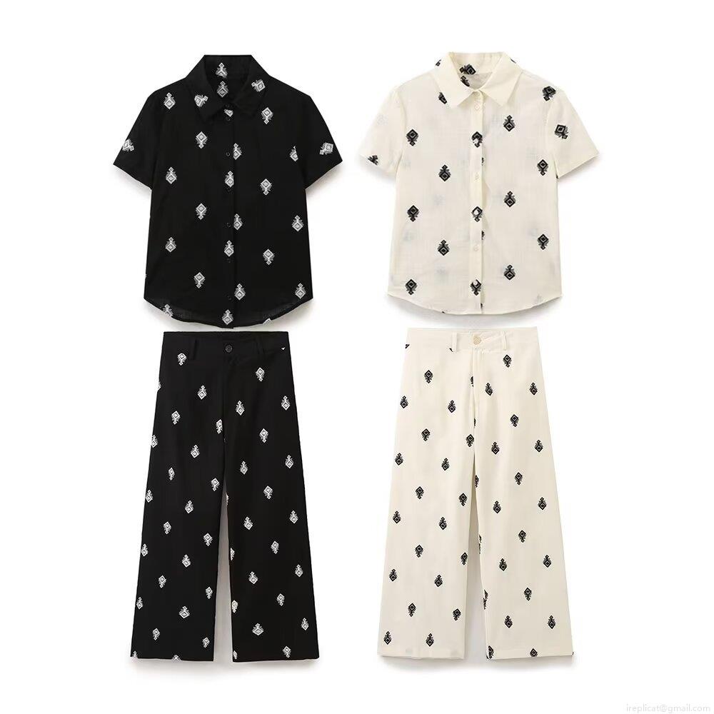 Women Summer Boho Polka Dot Geometric Embroidery Short Sleeve Shirt And Wide Leg Pants Set Casual Streetwear Cotton Blend Two Piece Outfit For Women Women Summer Boho Polka Dot Geometric Embroidery Short Sleeve Shirt And Wide Leg Pants Set Casual Streetwear Cotton Blend Two Piece Outfit For Women