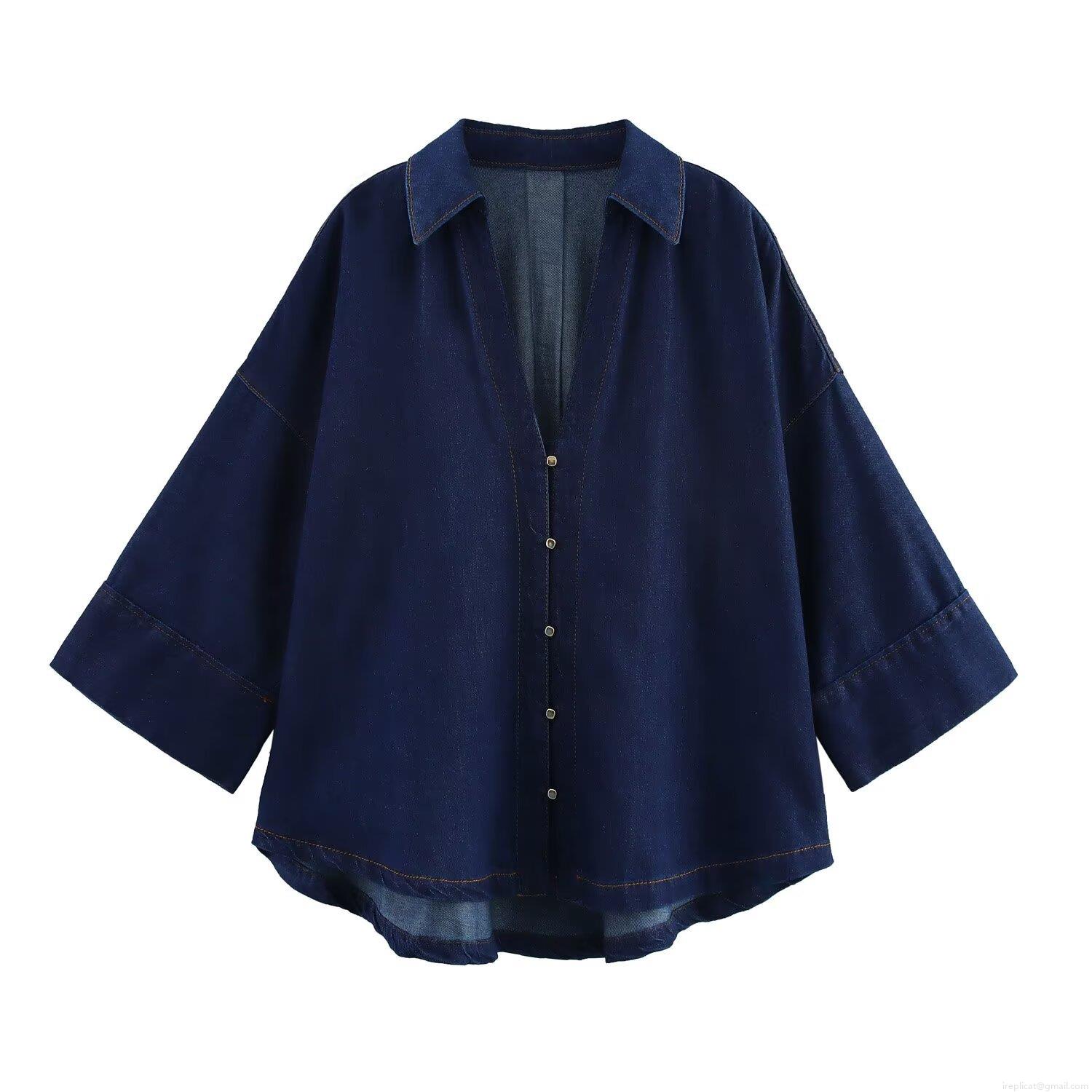 Women\'s Two Piece Denim Set Streetwear Oversized Wide Sleeve V Neck Shirt And High Waisted Wide Leg Pants Dark Blue Summer Casual Solid Outfit