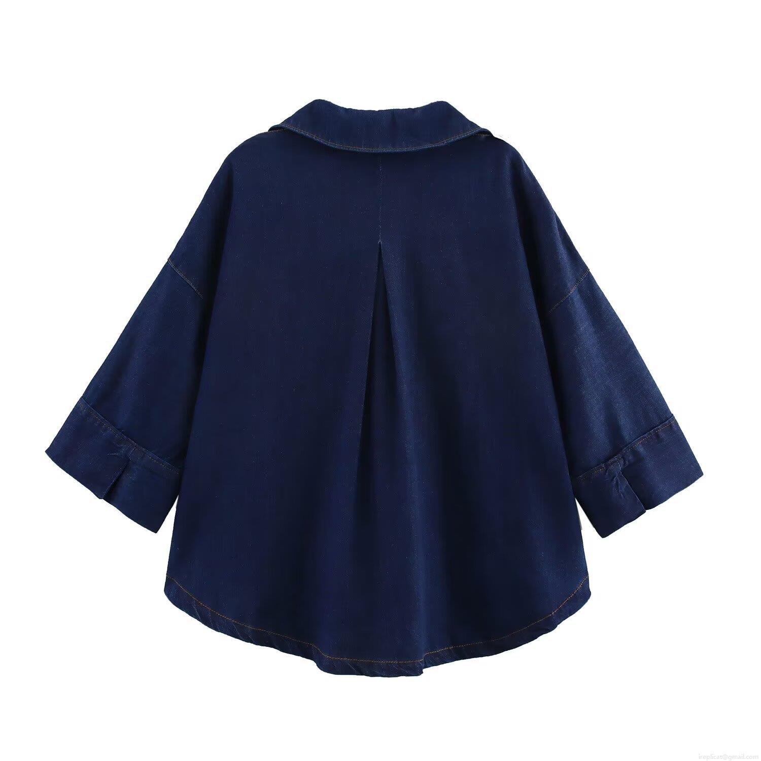 Women\'s Two Piece Denim Set Streetwear Oversized Wide Sleeve V Neck Shirt And High Waisted Wide Leg Pants Dark Blue Summer Casual Solid Outfit