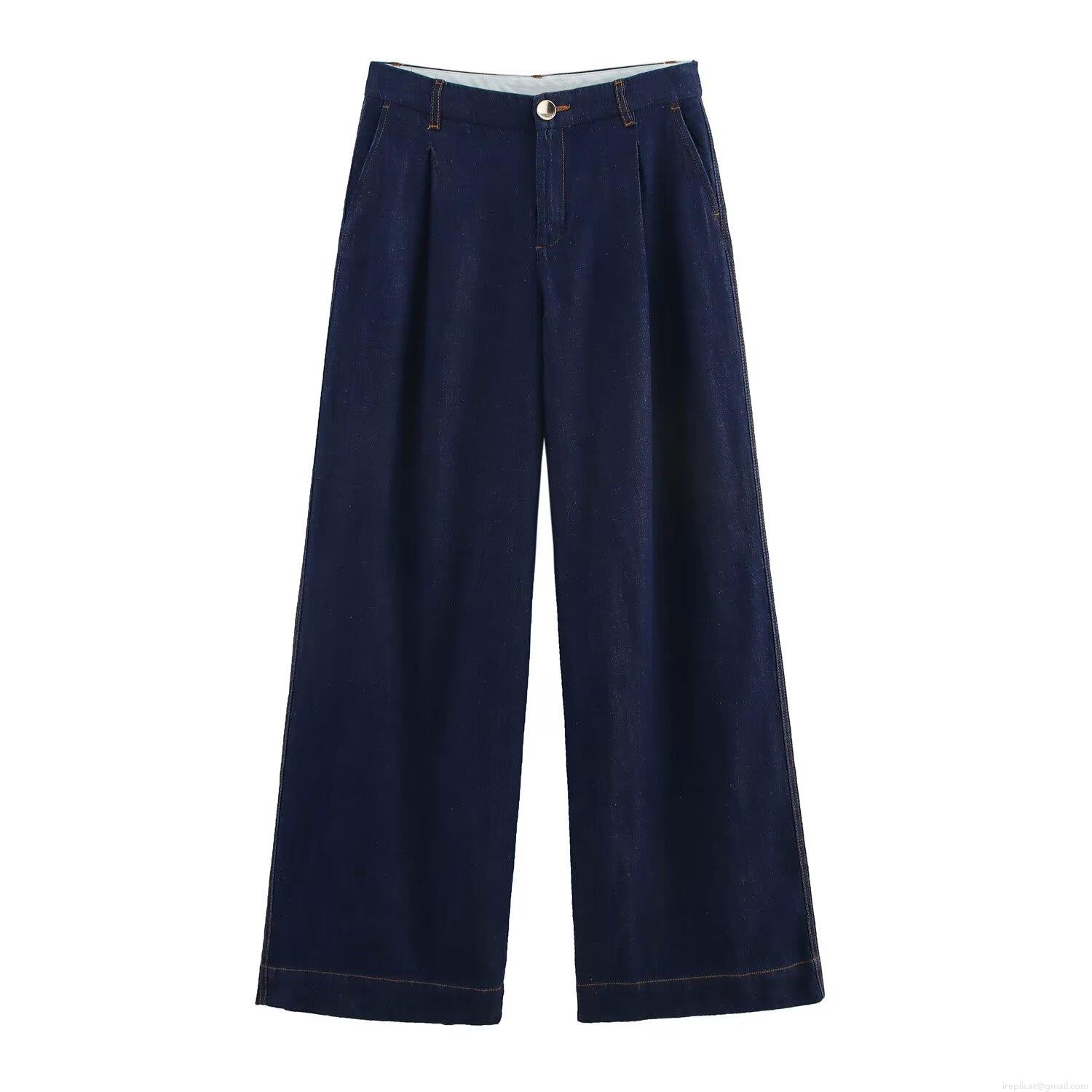 Women\'s Two Piece Denim Set Streetwear Oversized Wide Sleeve V Neck Shirt And High Waisted Wide Leg Pants Dark Blue Summer Casual Solid Outfit
