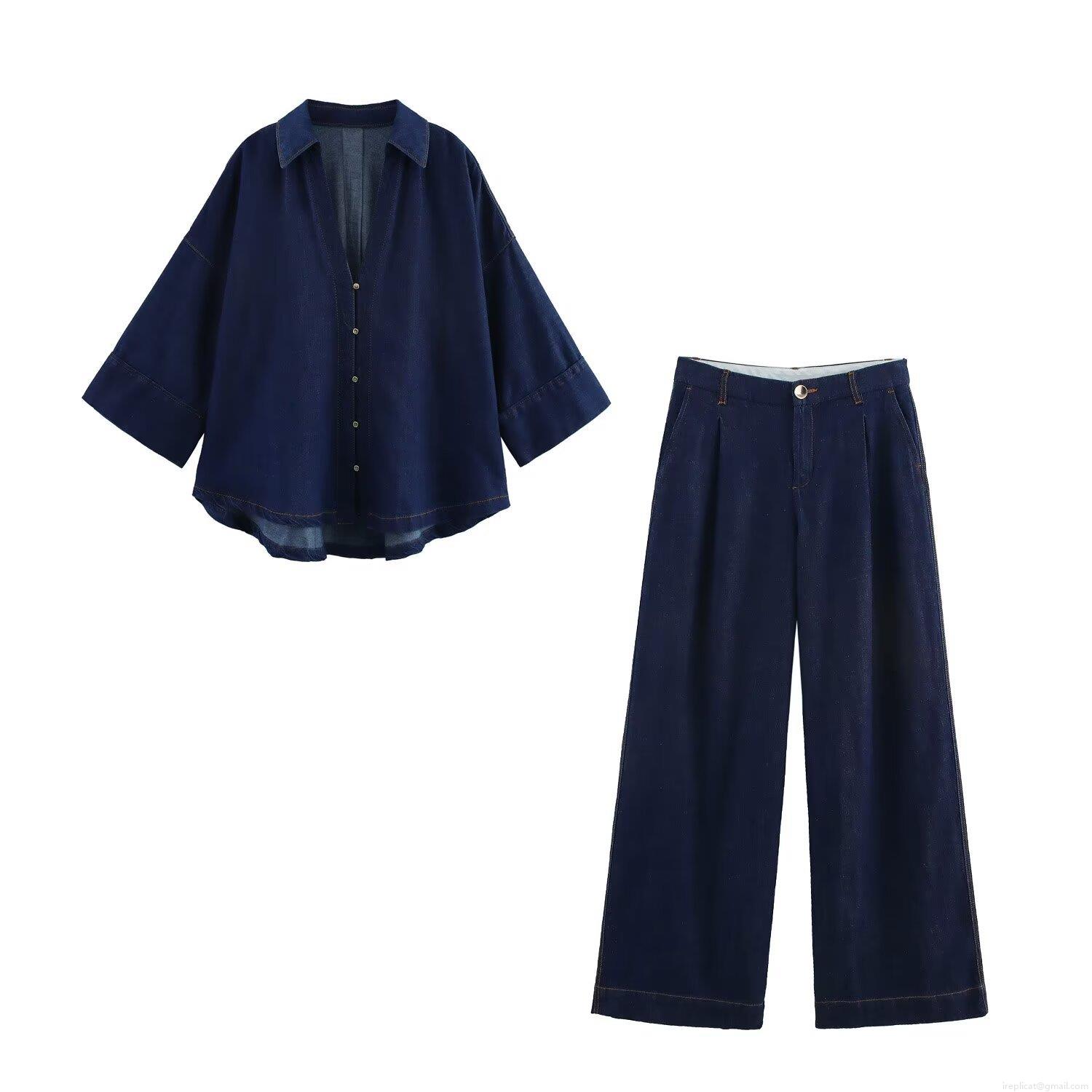 Women\'s Two Piece Denim Set Streetwear Oversized Wide Sleeve V Neck Shirt And High Waisted Wide Leg Pants Dark Blue Summer Casual Solid Outfit