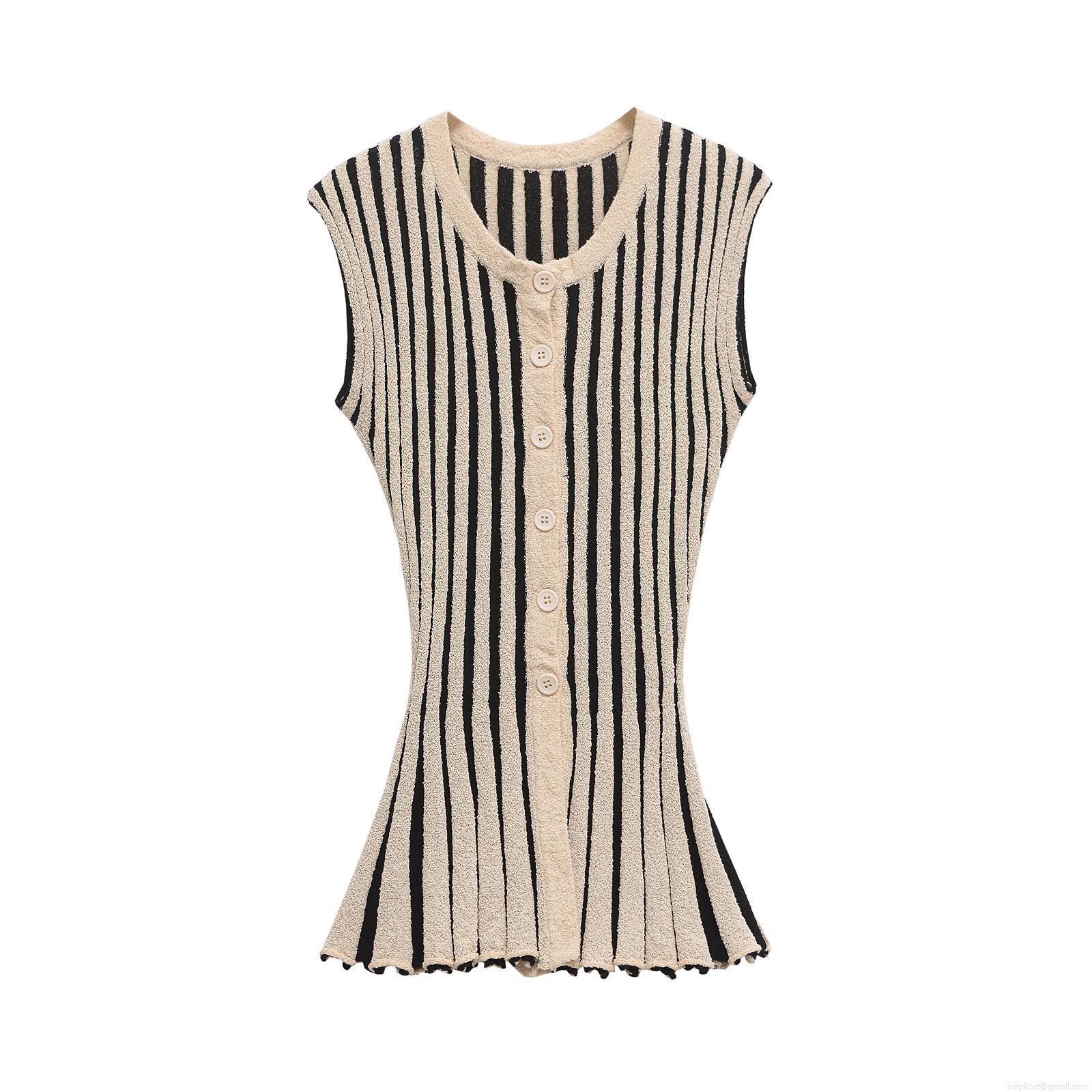 Women\'s Chic Knitted Striped Two Piece Set Sleeveless Button Down Vest And High Waist Flare Pants Casual Western Streetwear Fall Fashion Co-ords