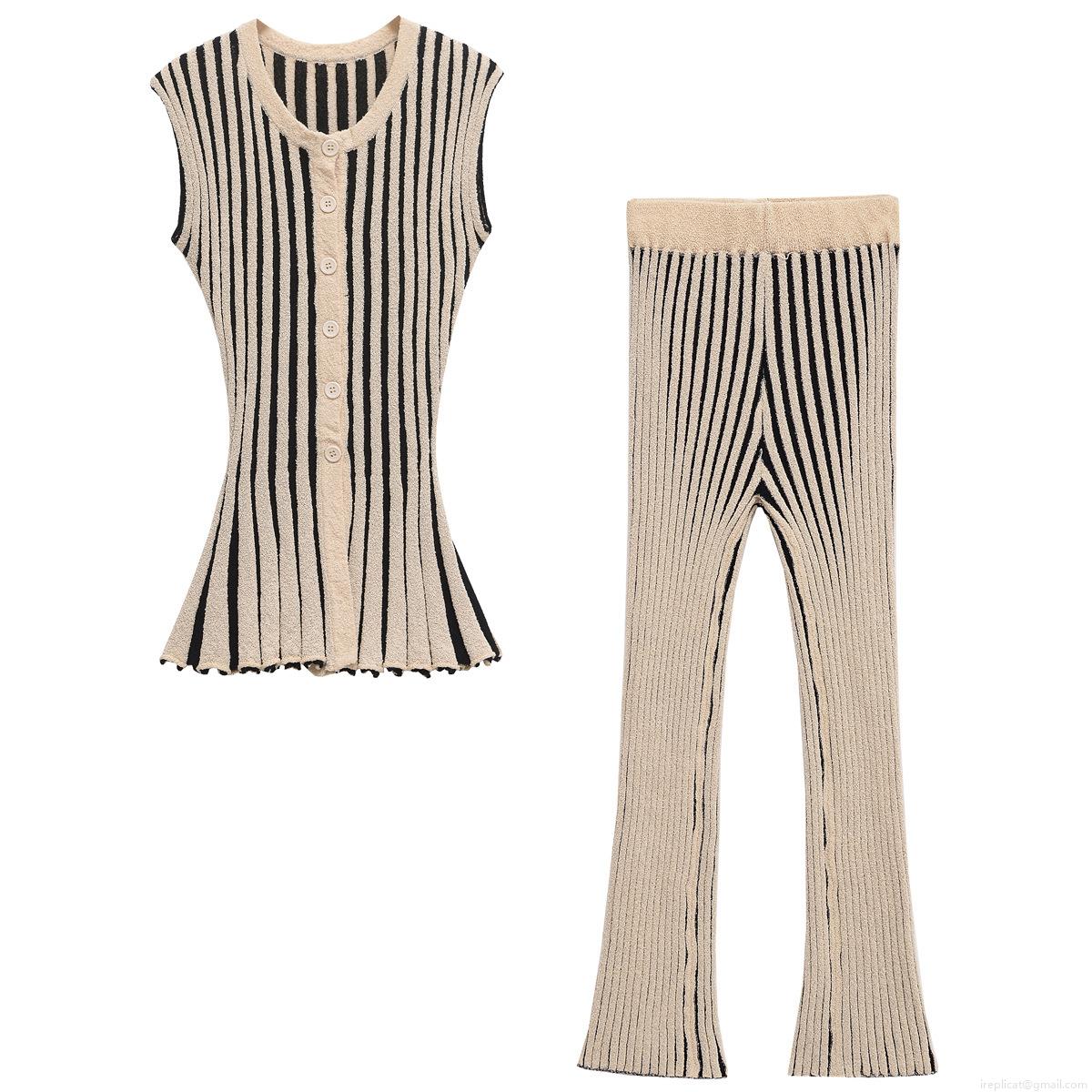 Women\'s Chic Knitted Striped Two Piece Set Sleeveless Button Down Vest And High Waist Flare Pants Casual Western Streetwear Fall Fashion Co-ords