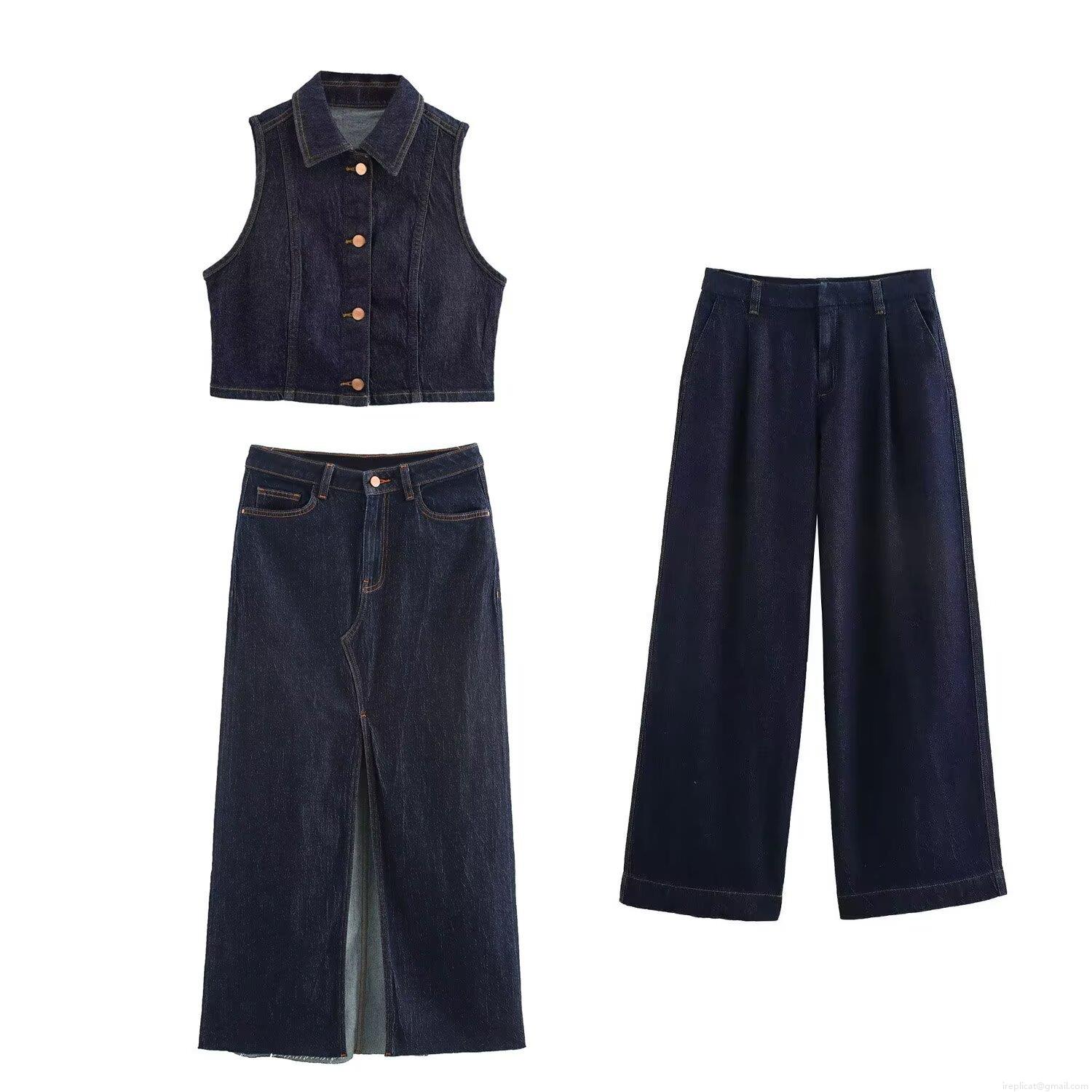 Women's Street Fashion Deep Blue Denim Three-Piece Set Lapel Sleeveless Waistcoat Top High Waist Wide Leg Pants And Slit Maxi Skirt Casual Urban Denim Outfit Women's Street Fashion Deep Blue Denim Three-Piece Set Lapel Sleeveless Waistcoat Top High Waist Wide Leg Pants And Slit Maxi Skirt Casual Urban Denim Outfit