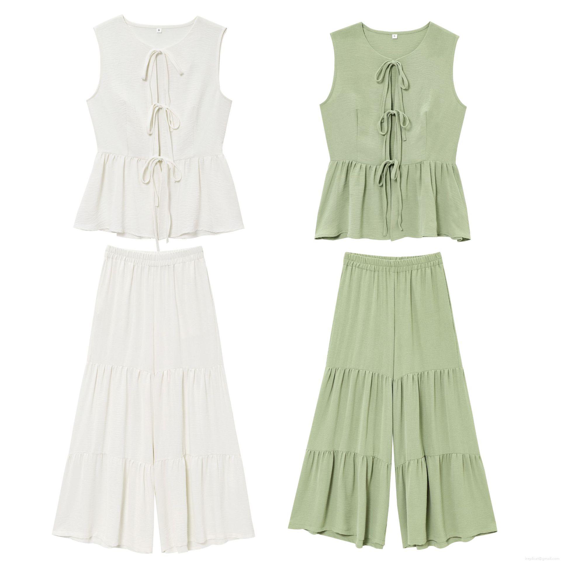 Women's 2-Piece Summer Set Sleeveless Tie-Up Peplum Top and Tiered Cake Wide Leg Pants Solid Color Textured Polyester Casual Streetwear Outfit Women's 2-Piece Summer Set Sleeveless Tie-Up Peplum Top and Tiered Cake Wide Leg Pants Solid Color Textured Polyester Casual Streetwear Outfit