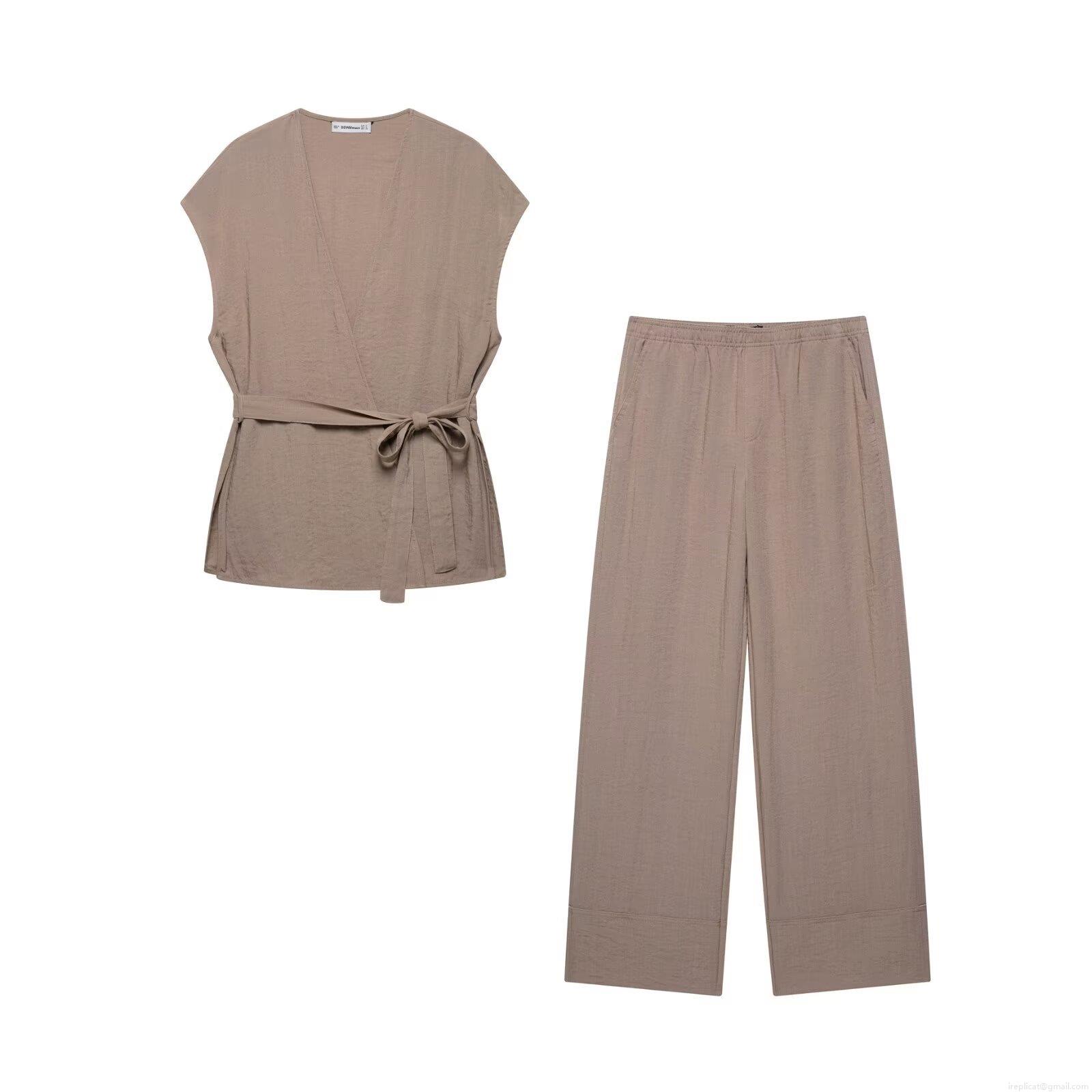 Women\'s 2-Piece Sleeveless Wrap V-Neck Tie Waist Top and High Waist Wide Leg Flared Pants Set 100% Polyester Linen Texture Solid Color Streetwear Casual Vacation Outfit